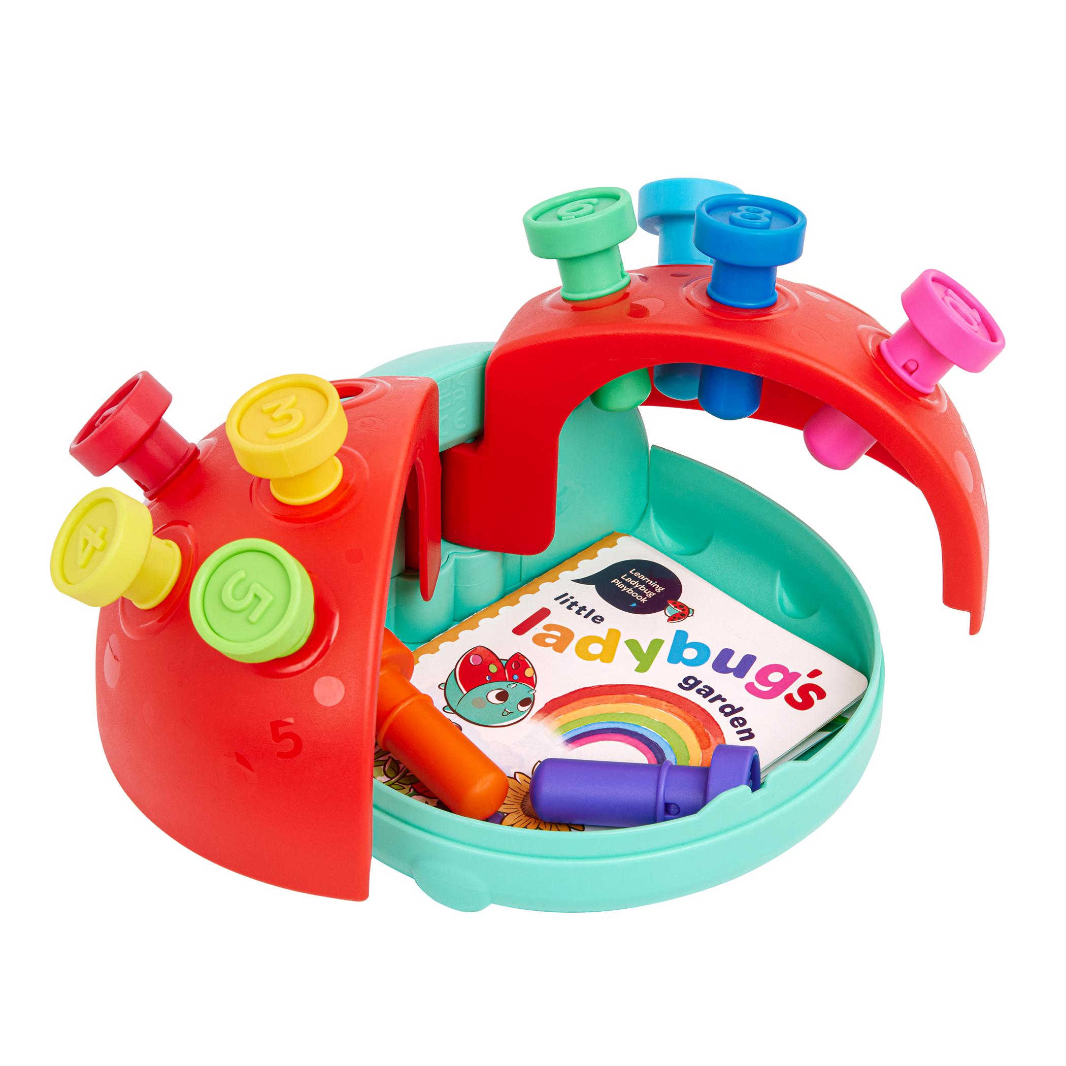 Colorful ladybug peg toy with booklet.