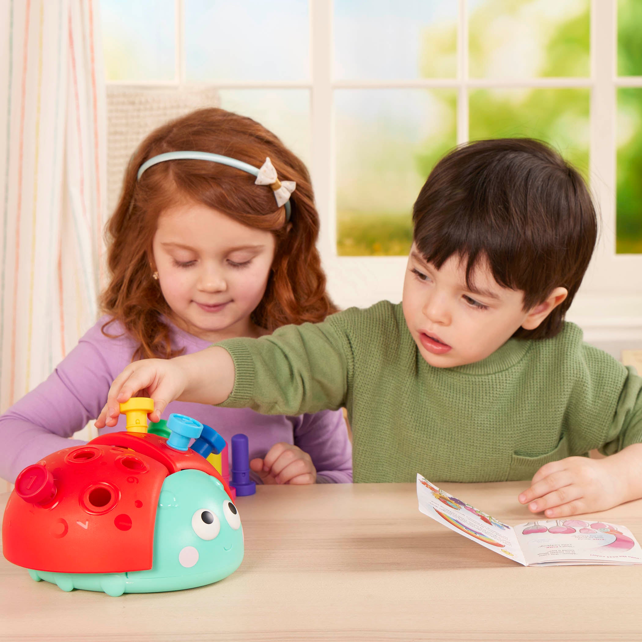 Colorful ladybug peg toy with booklet.