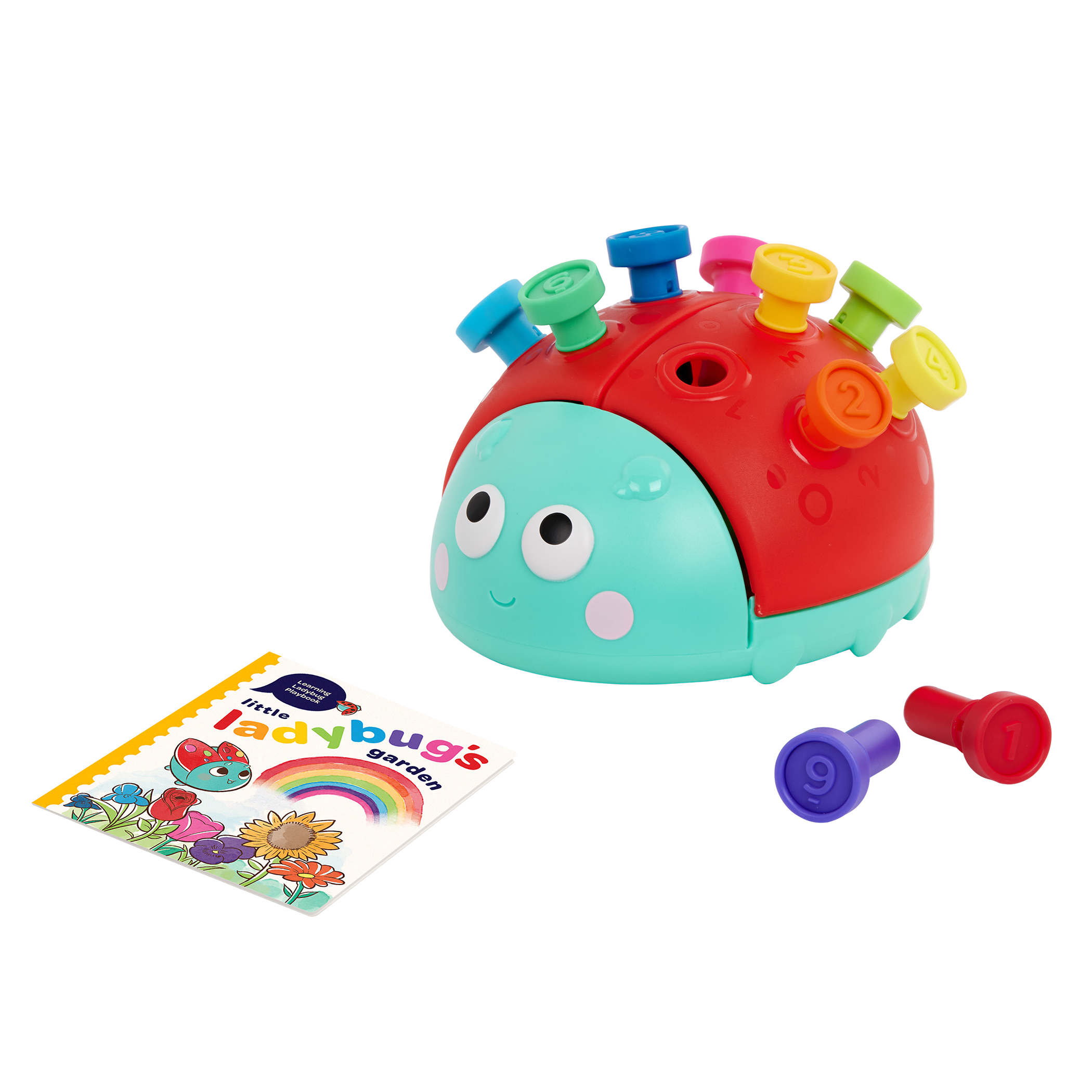 Colorful ladybug peg toy with booklet.