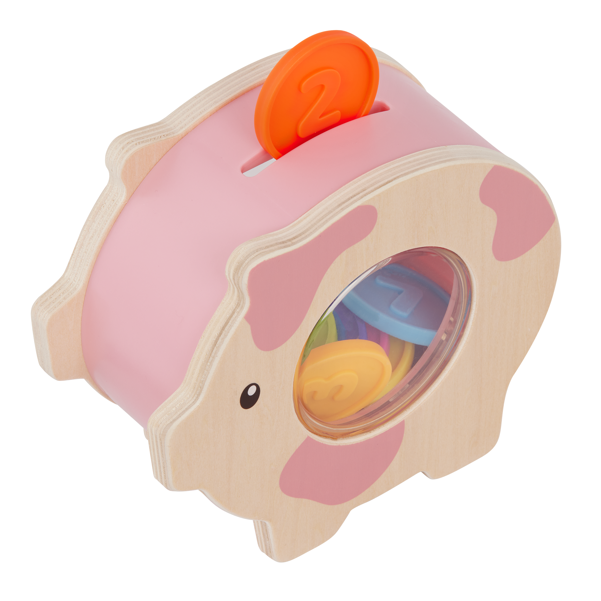 Piggy bank toy with colorful play coins and booklet.