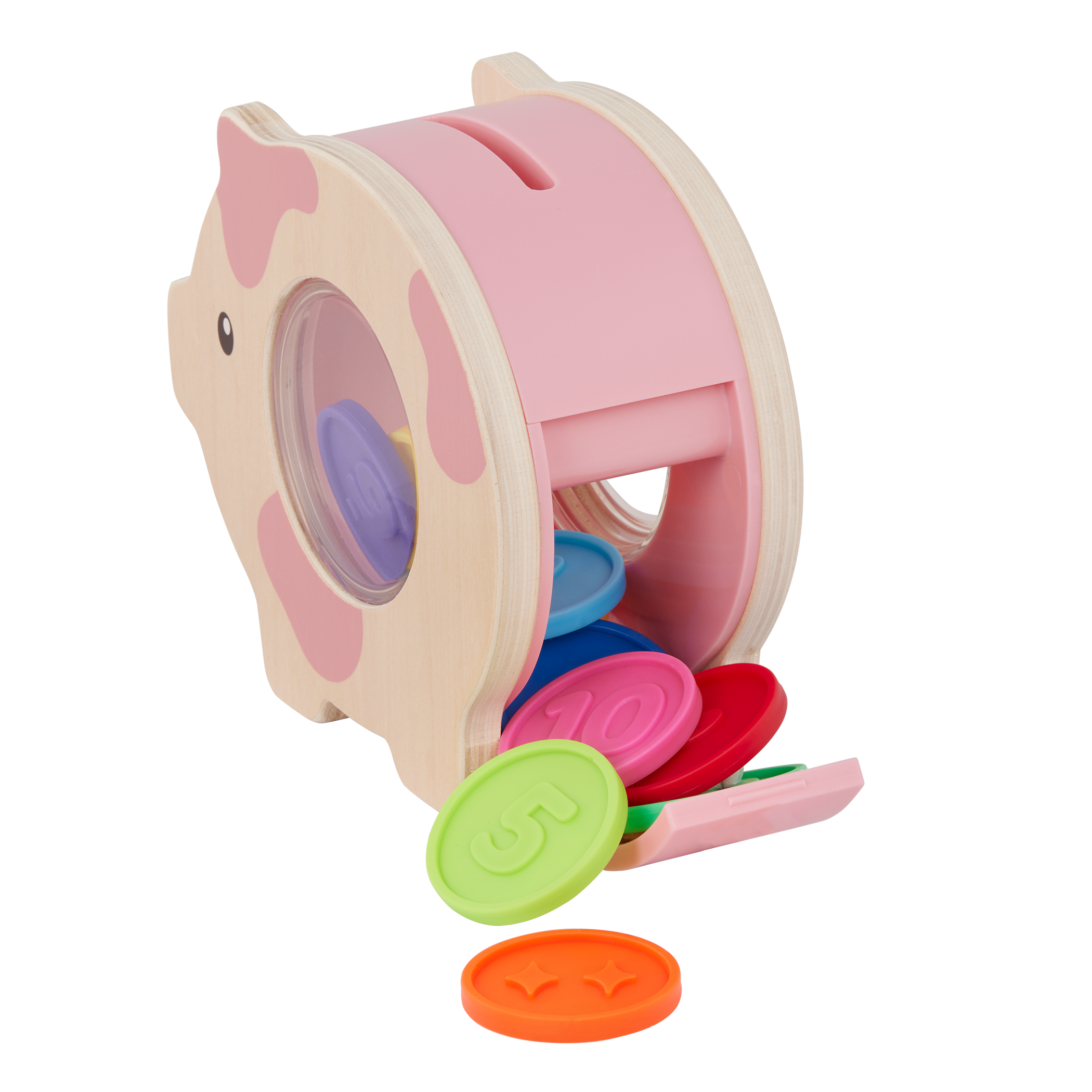 Piggy bank toy with colorful play coins and booklet.