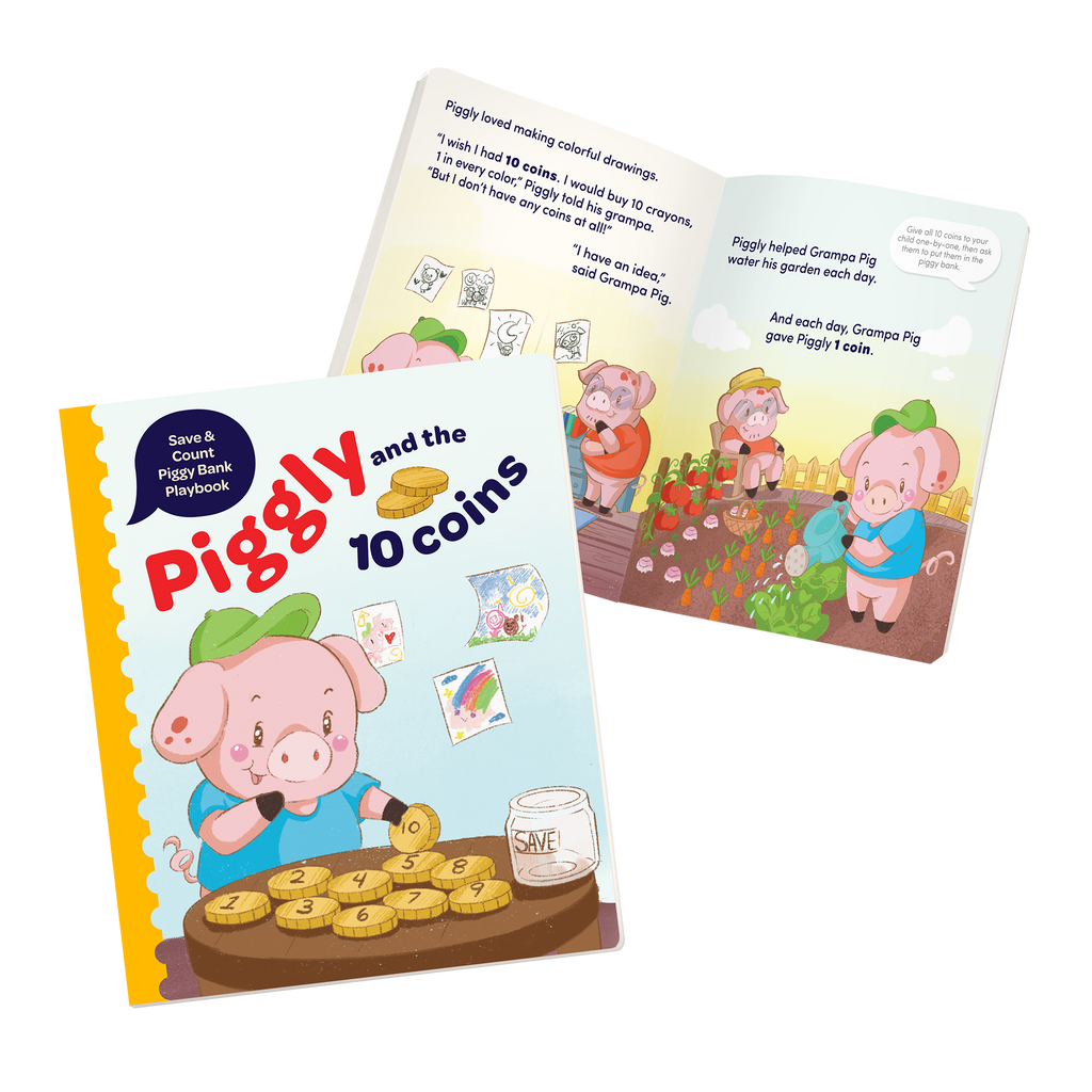 Piggy bank toy with colorful play coins and booklet.