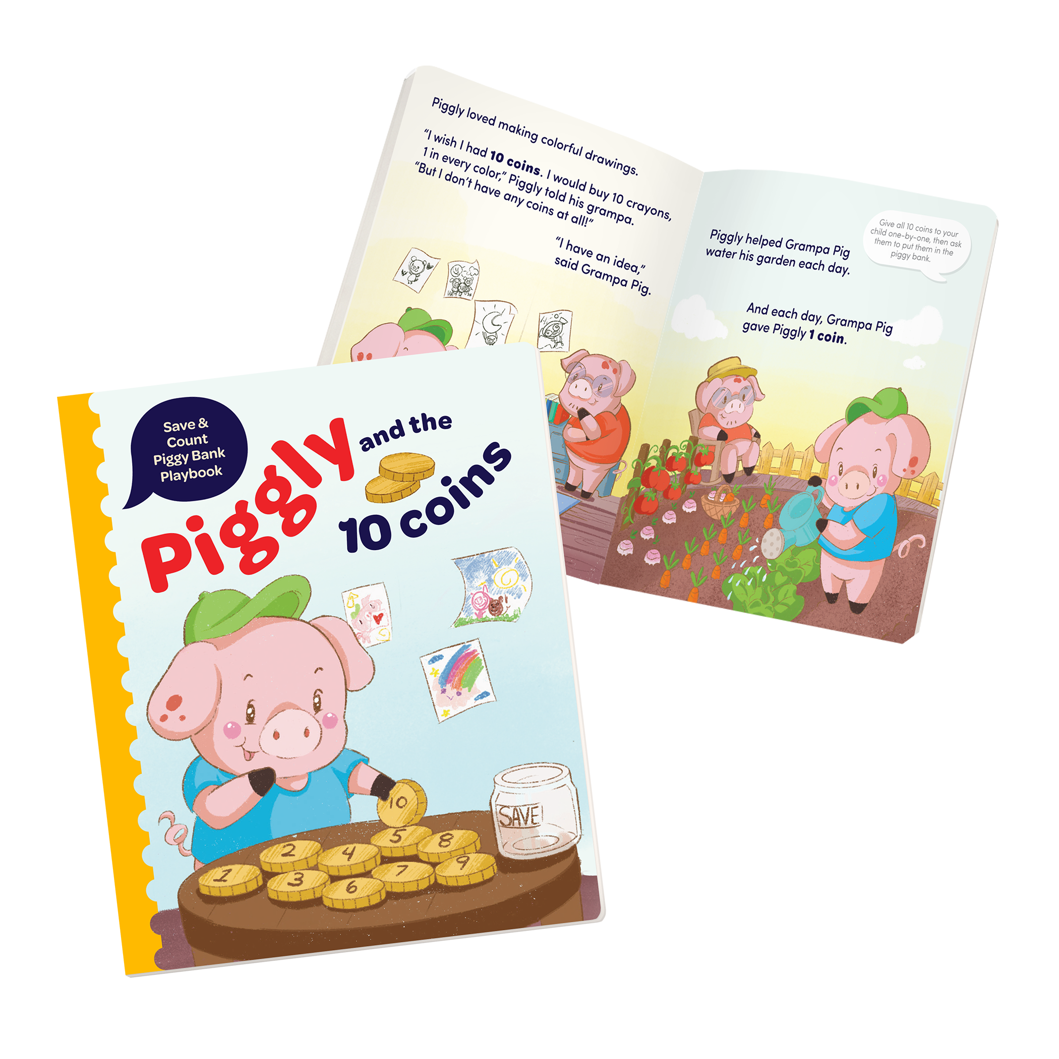 Piggy bank toy with colorful play coins and booklet.
