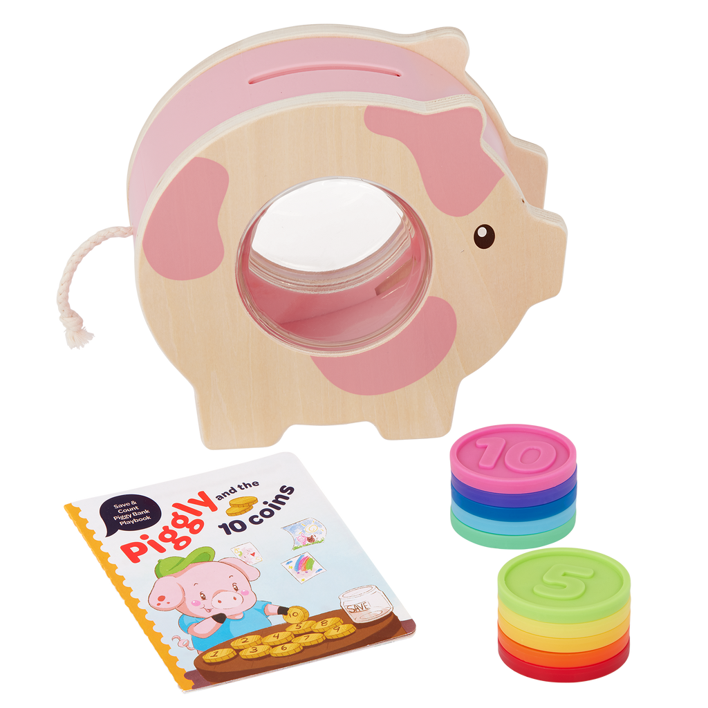 Piggy bank toy with colorful play coins and booklet.