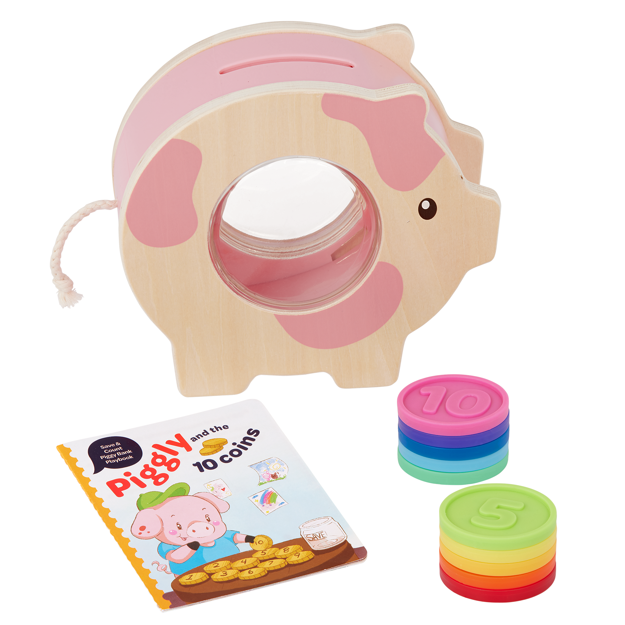 Piggy bank toy with colorful play coins and booklet.