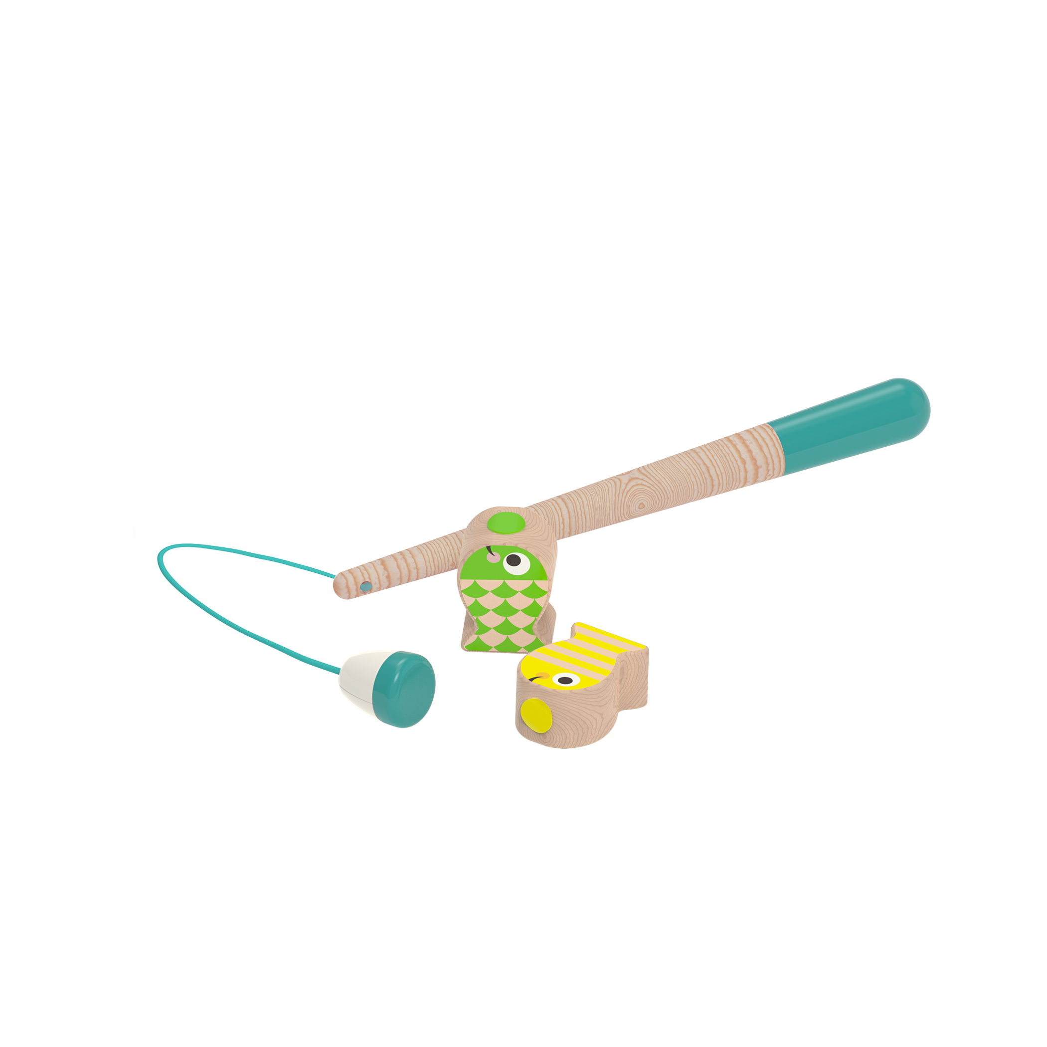 Colorful fishing playset with wooden fish toys, magnetic fishing rod toys, alphabet cards and a game board.