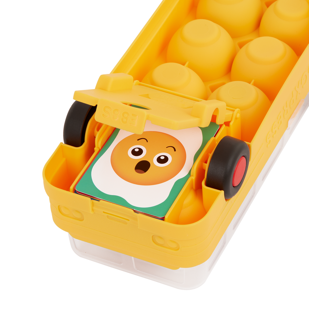 Egg bus playset with cards and a booklet.