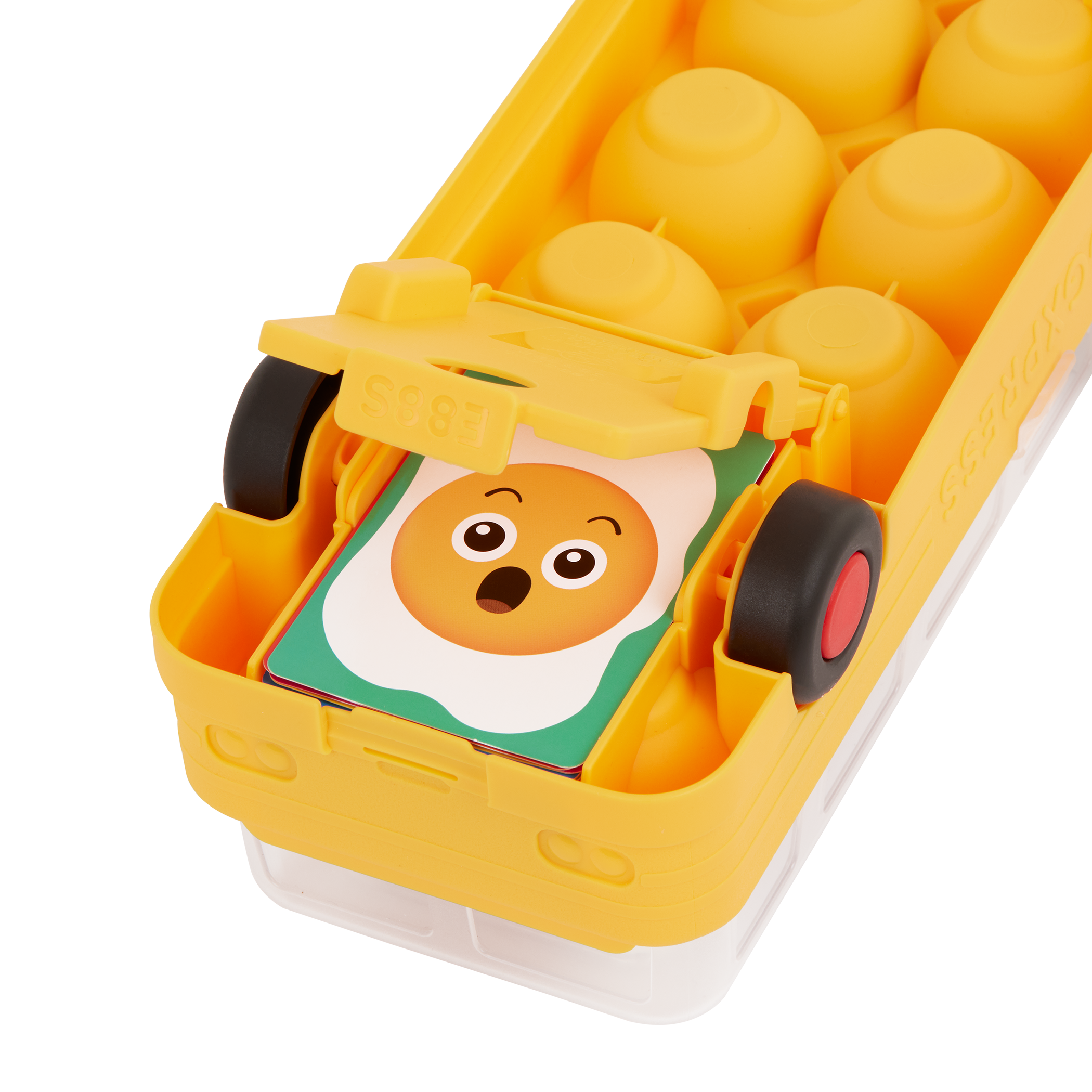 Egg bus playset with cards and a booklet.