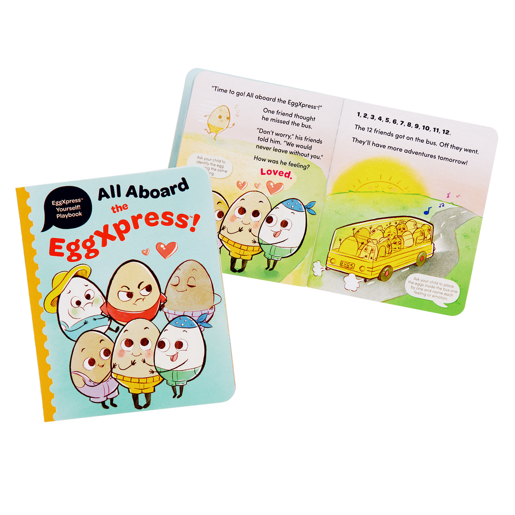 Egg bus playset with cards and a booklet.