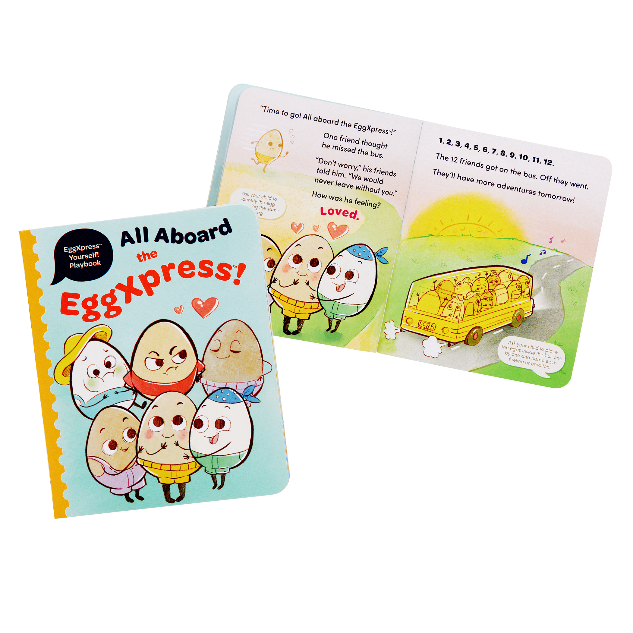 Egg bus playset with cards and a booklet.