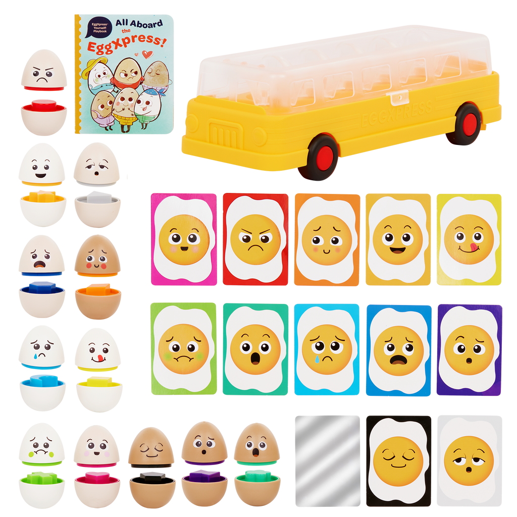 Egg bus playset with cards and a booklet.
