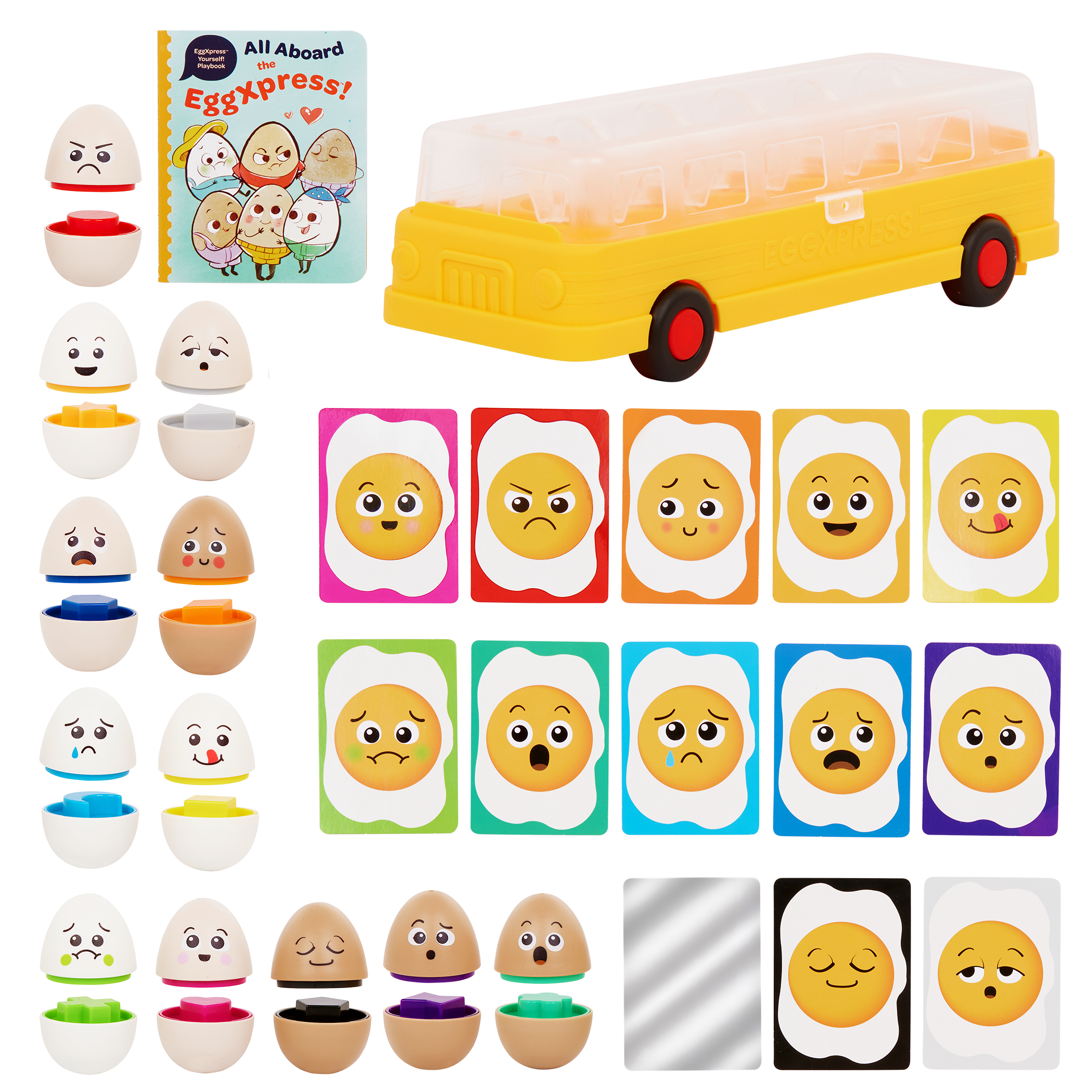 Egg bus playset with cards and a booklet.