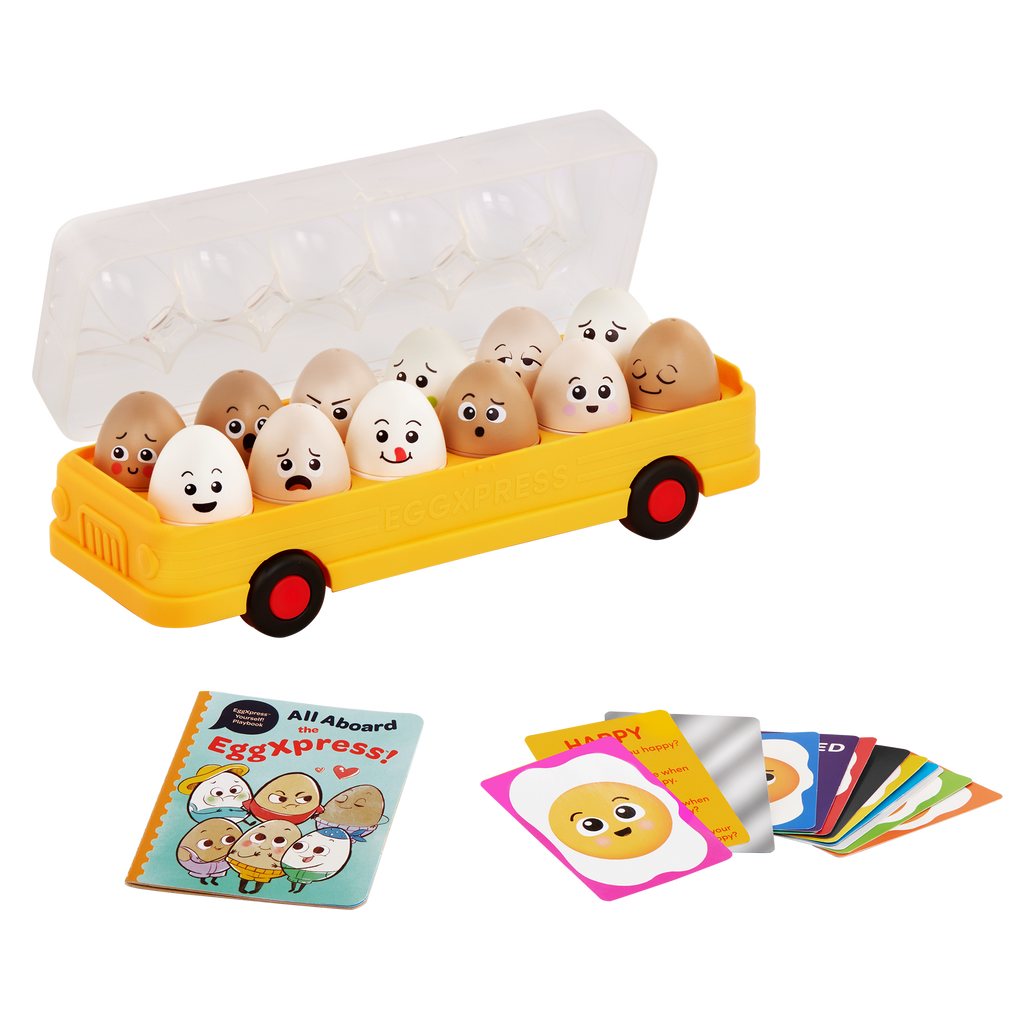 Egg bus playset with cards and a booklet.