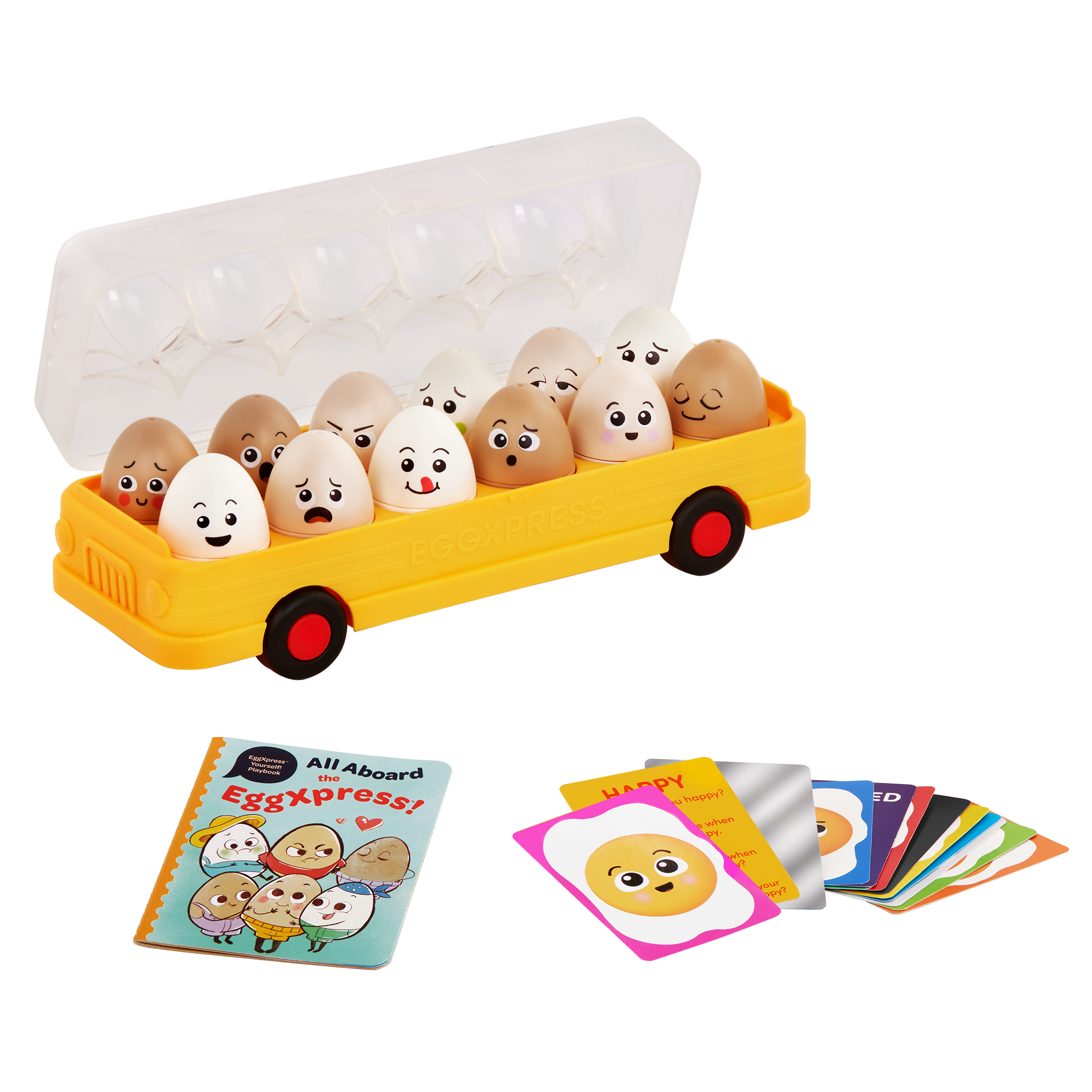 Egg bus playset with cards and a booklet.