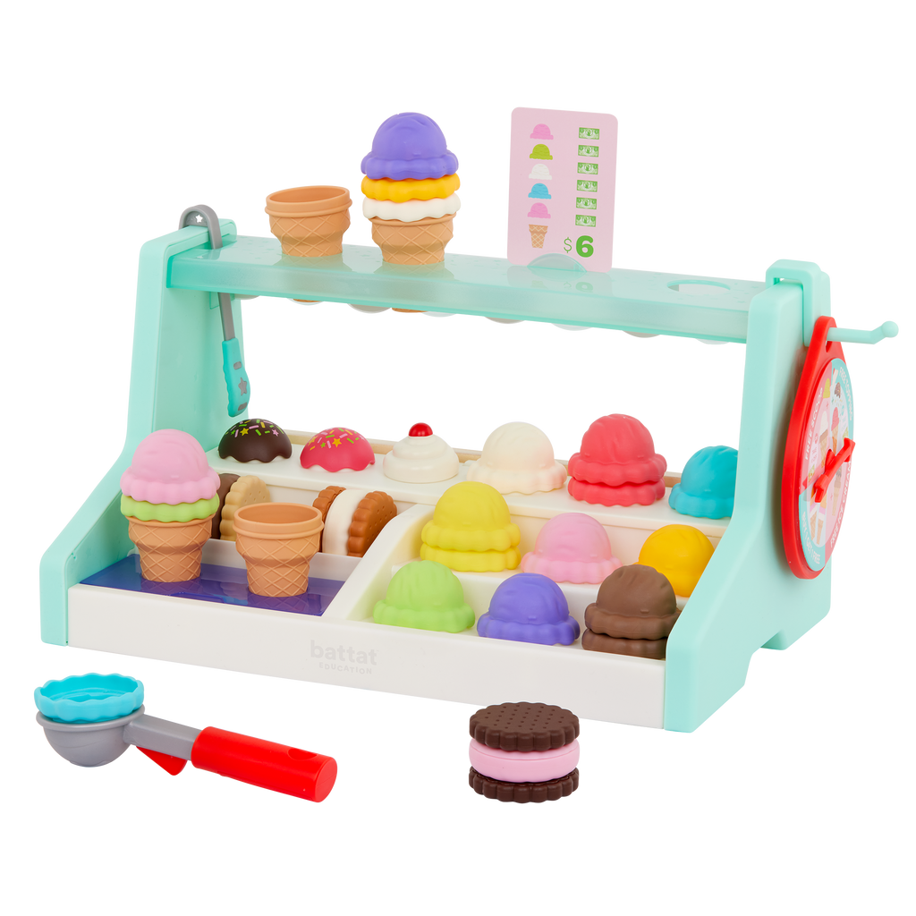 Ice cream counter playset with play scooper, play money, and educational accessories.