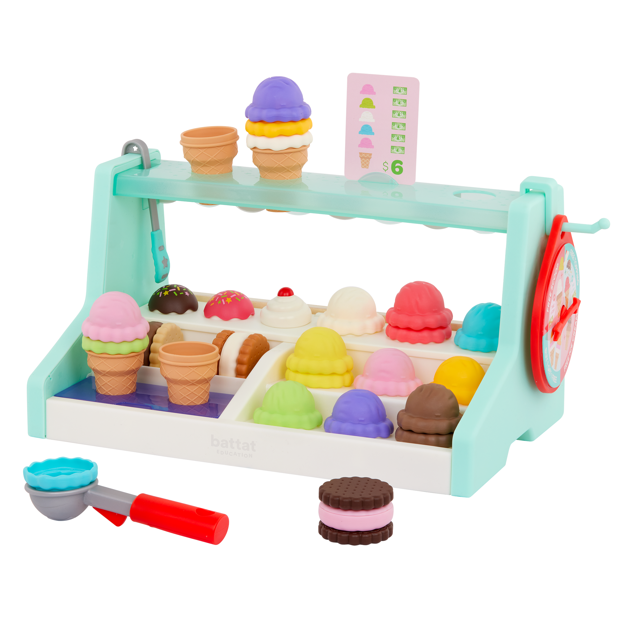 Ice cream counter playset with play scooper, play money, and educational accessories.