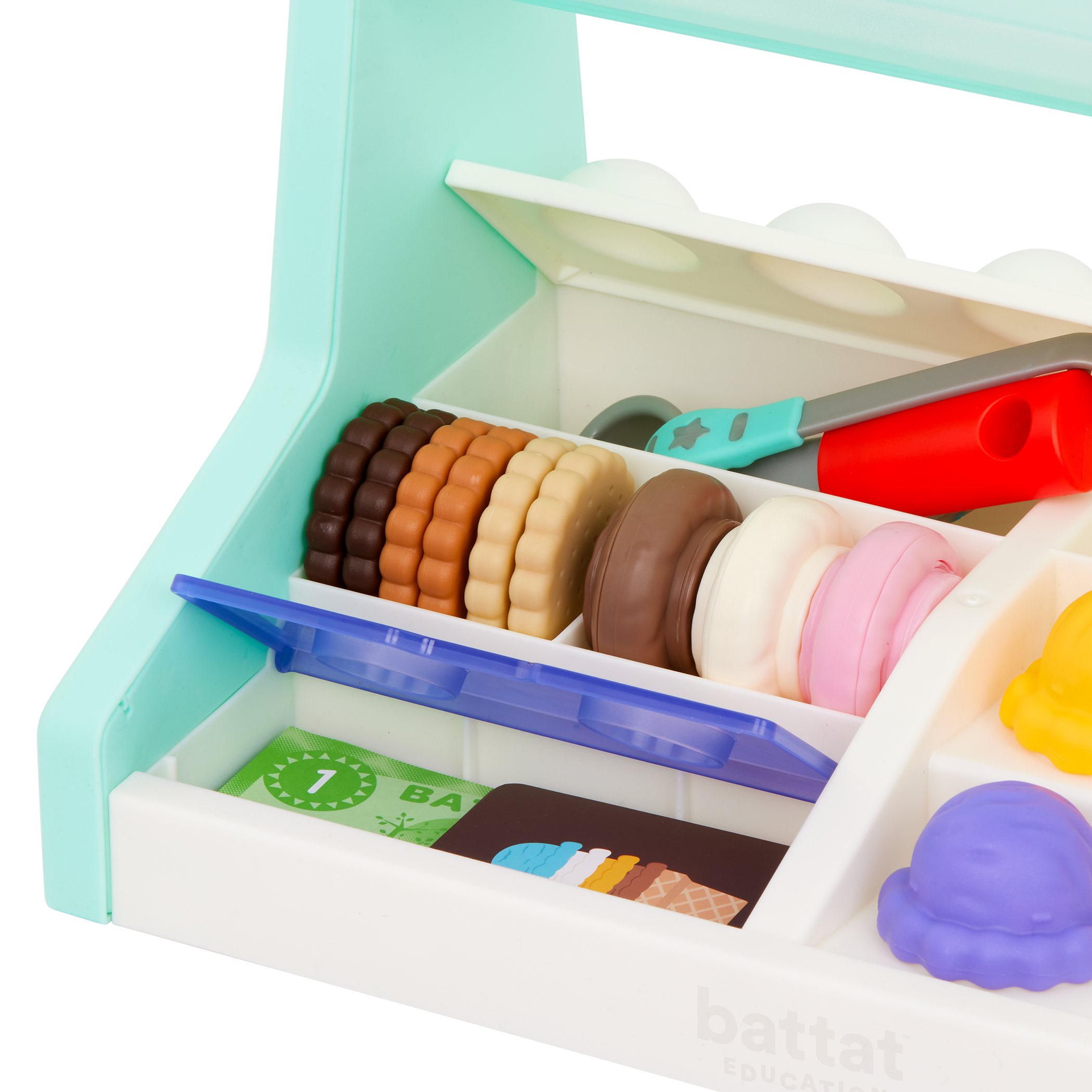 Ice cream counter playset with play scooper, play money, and educational accessories.