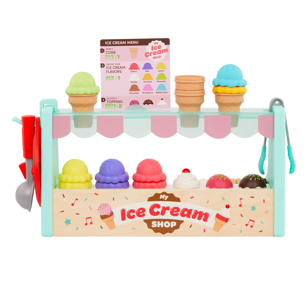 Ice cream counter playset with play scooper, play money, and educational accessories.