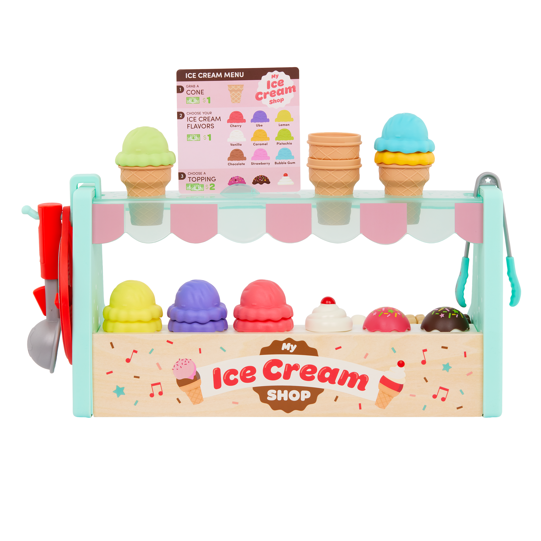 Ice cream counter playset with play scooper, play money, and educational accessories.