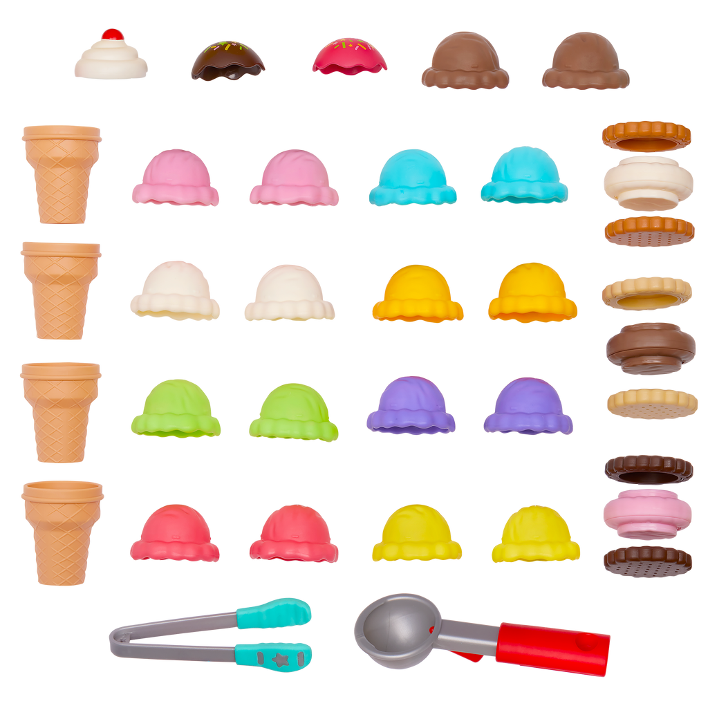 Ice cream counter playset with play scooper, play money, and educational accessories.