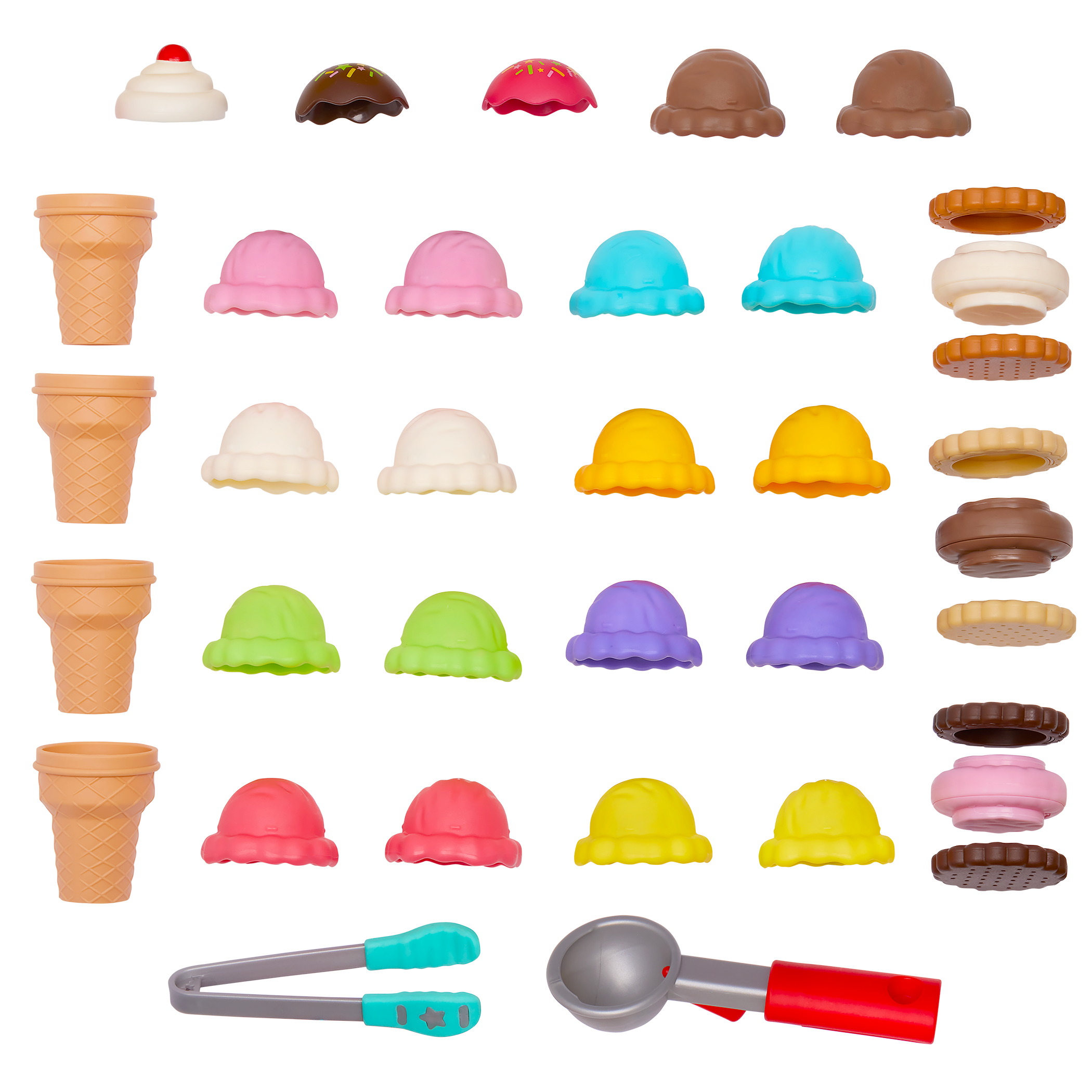 Ice cream counter playset with play scooper, play money, and educational accessories.