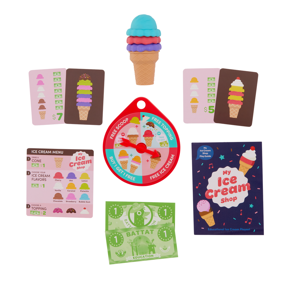 Ice cream counter playset with play scooper, play money, and educational accessories.
