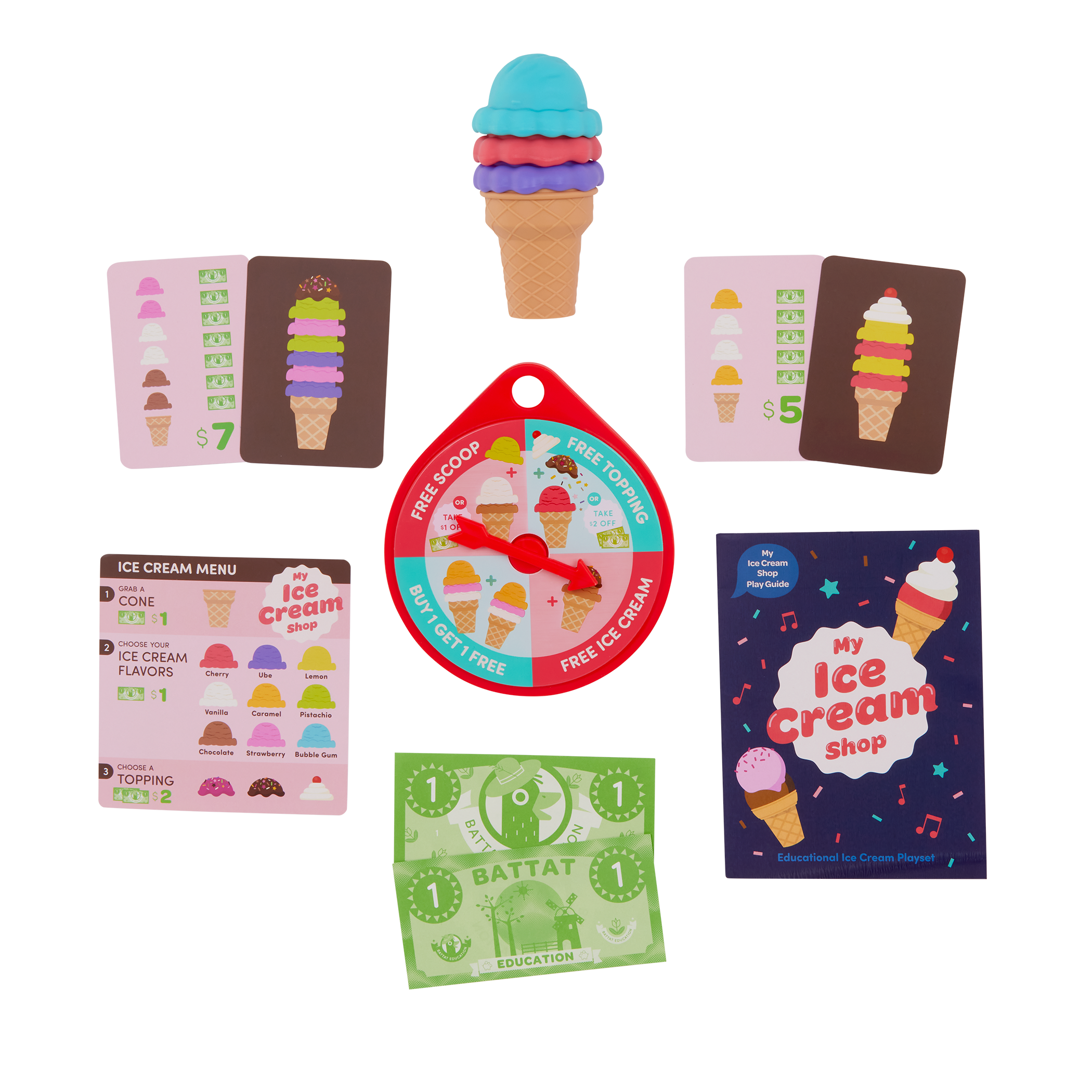 Ice cream counter playset with play scooper, play money, and educational accessories.