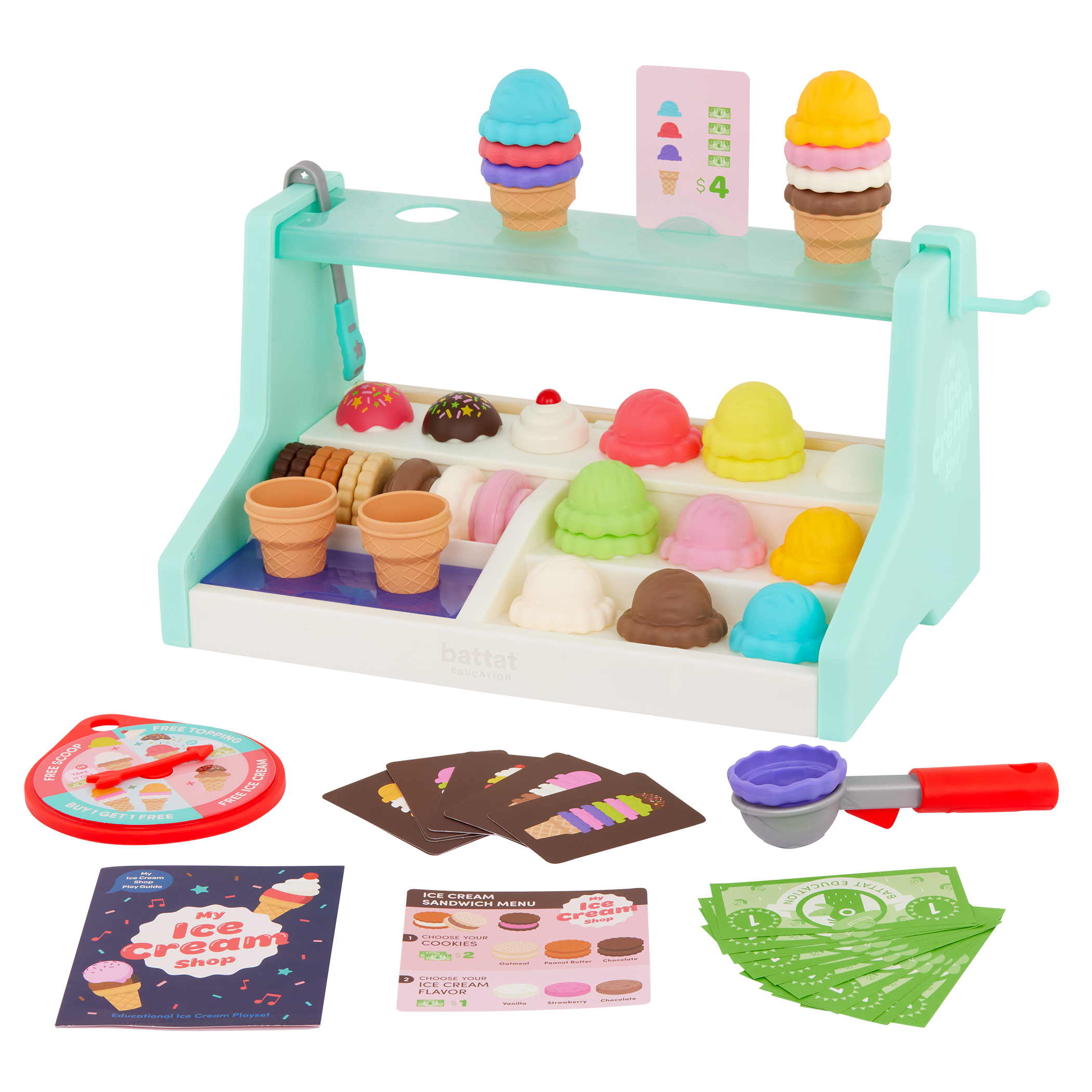 Ice cream counter playset with play scooper, play money, and educational accessories.