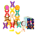 Colorful stacked monkey and fruit toys with a booklet.