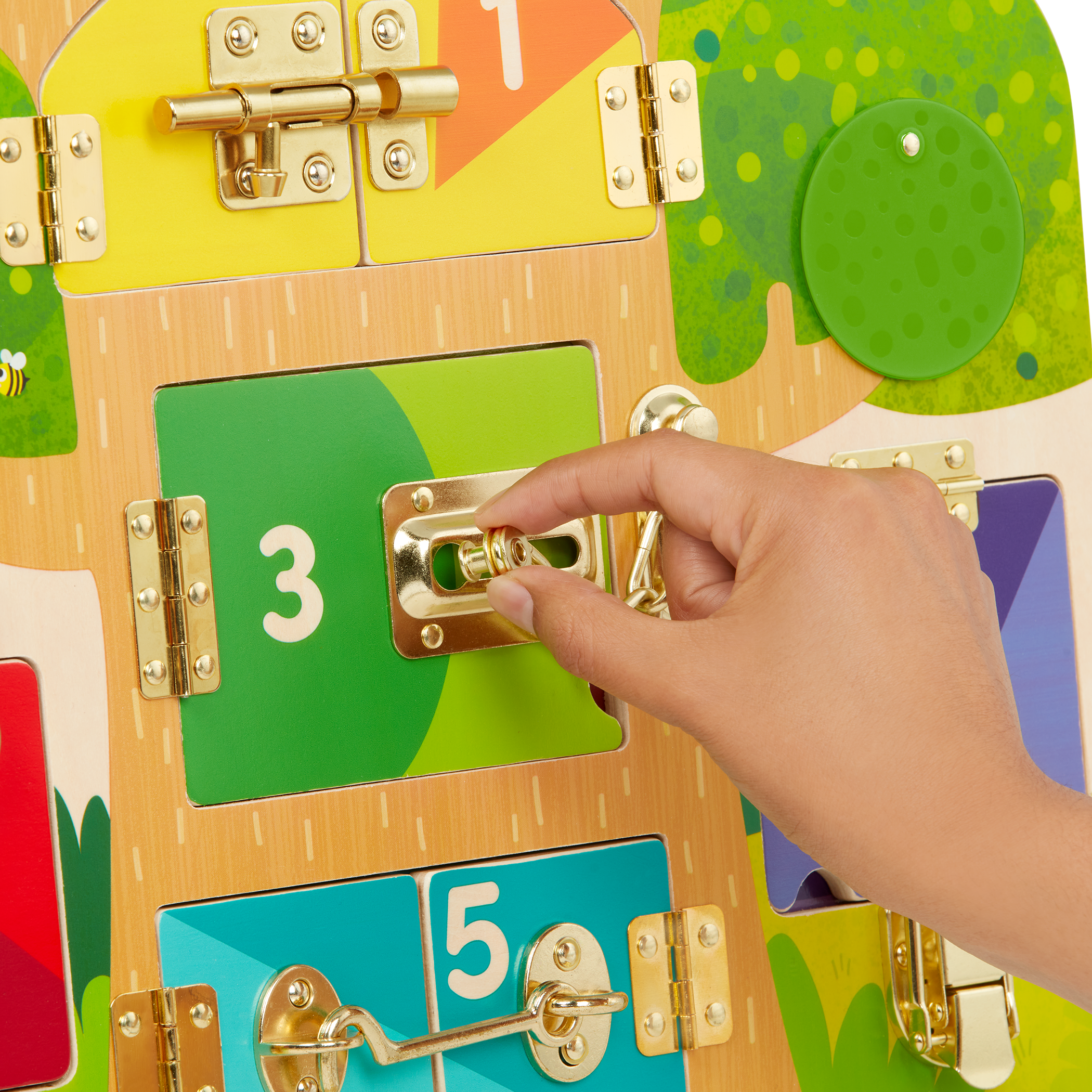 Booklet and board with animal illustrations and doors with locks and latches.