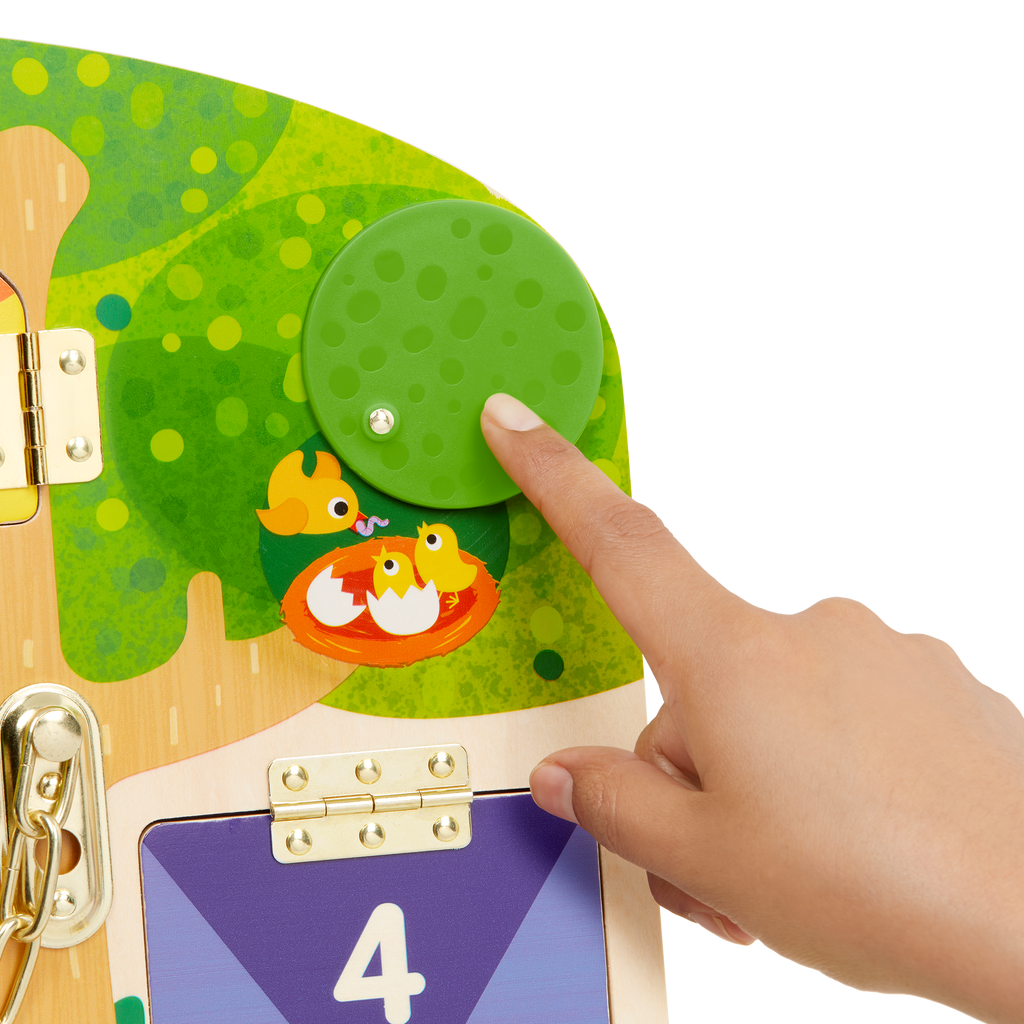 Booklet and board with animal illustrations and doors with locks and latches.