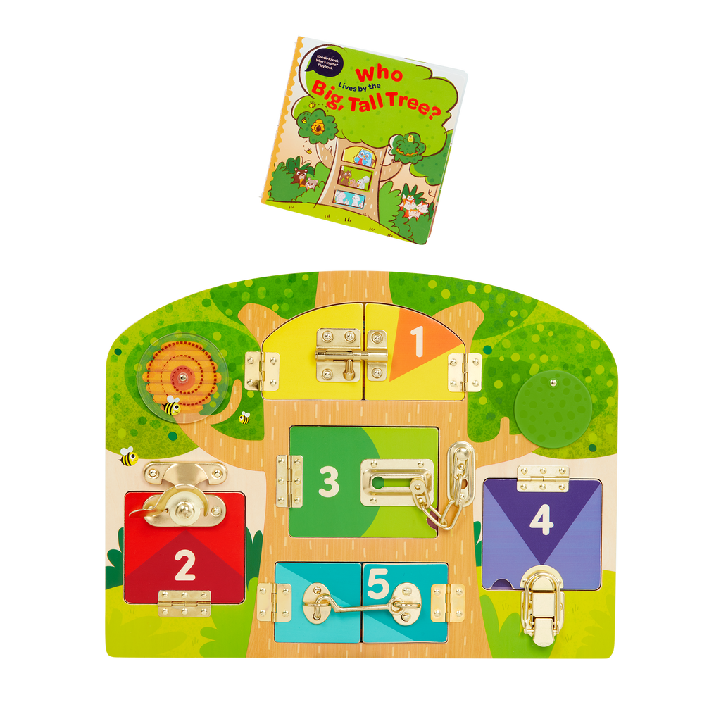 Booklet and board with animal illustrations and doors with locks and latches.