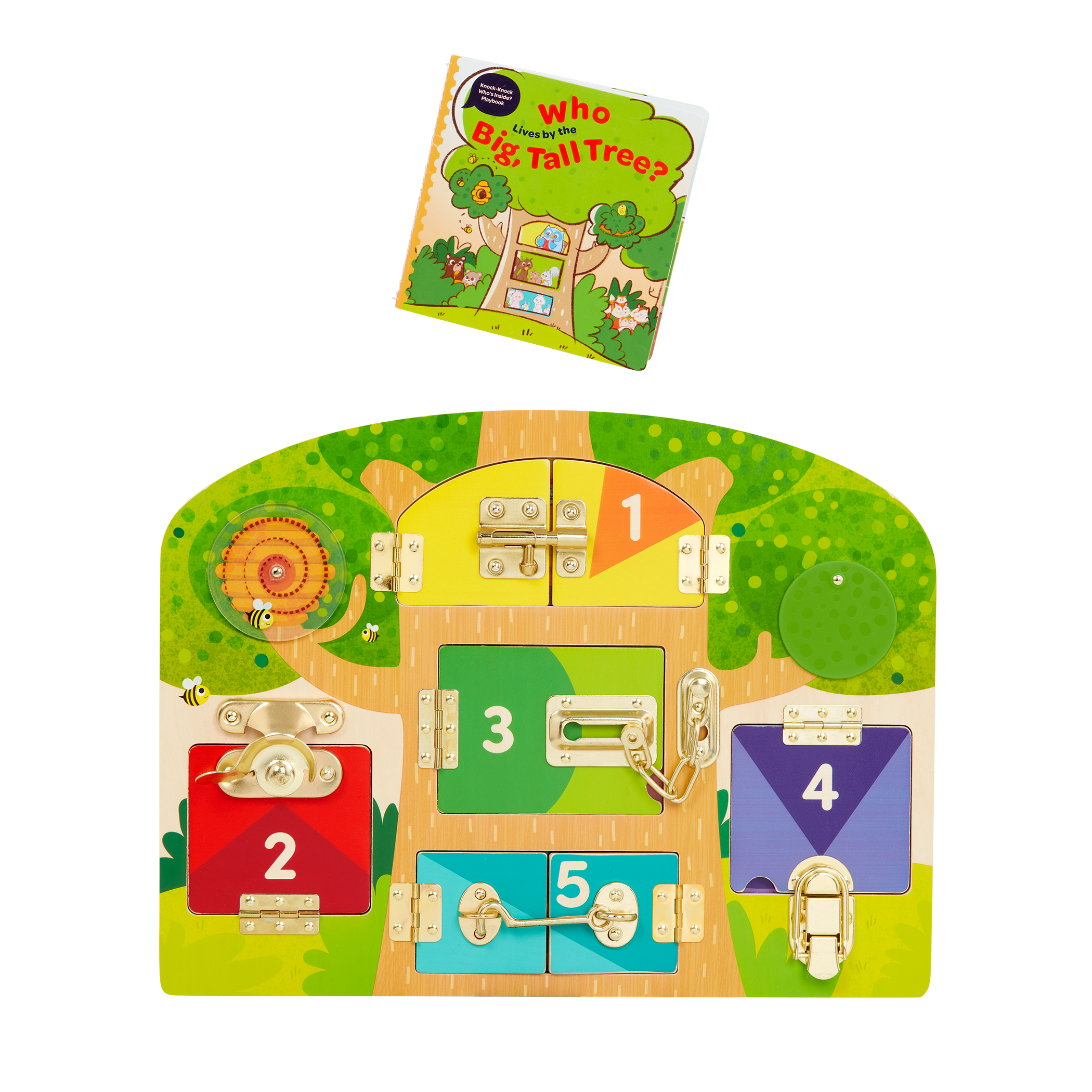 Booklet and board with animal illustrations and doors with locks and latches.