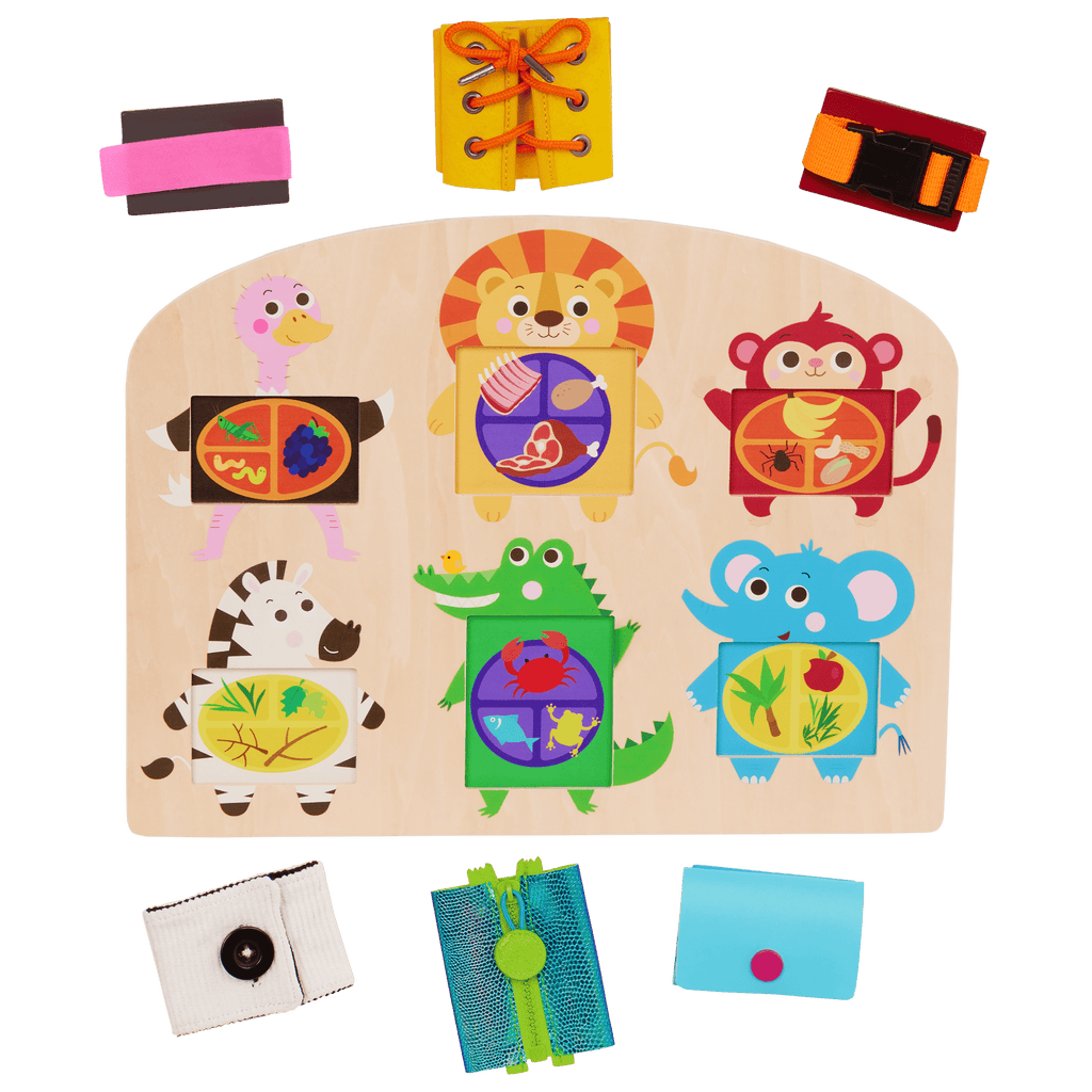 Booklet and basic skills board with animal illustrations and fasteners.