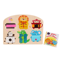 Booklet and basic skills board with animal illustrations and fasteners.