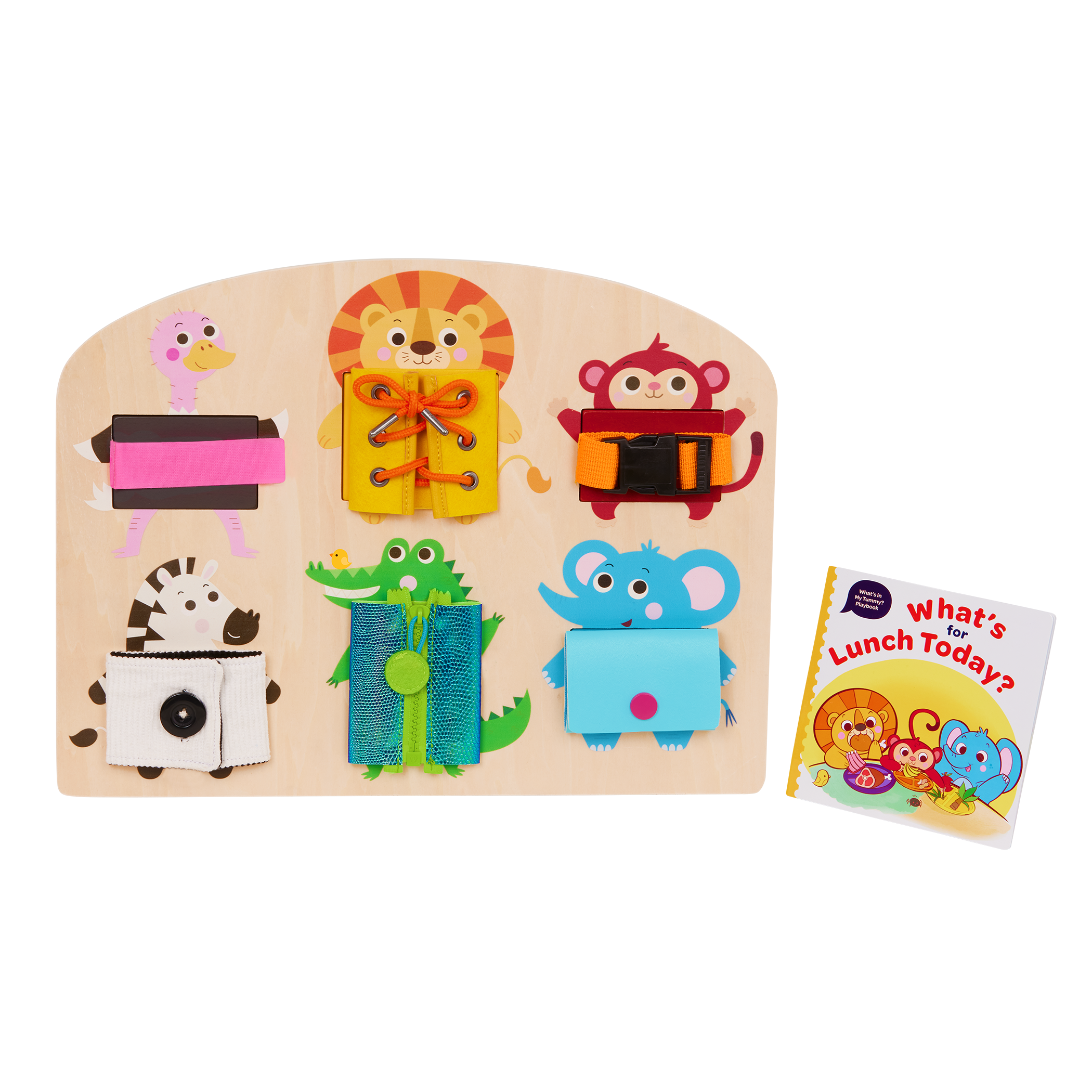 Booklet and basic skills board with animal illustrations and fasteners.