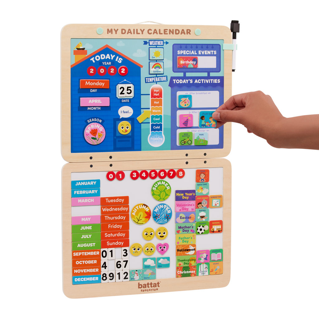 Calendar for kids with magnets, booklet, and dry-erase marker.