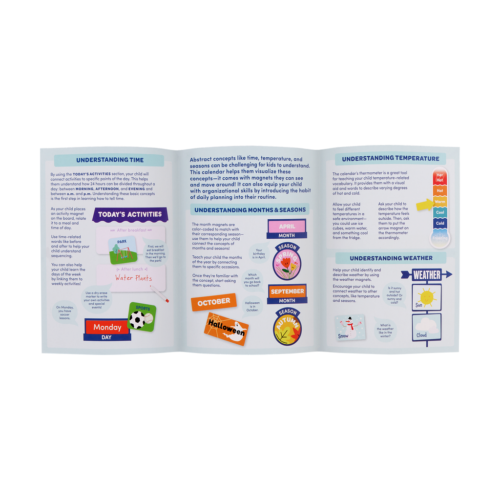 Calendar for kids with magnets, booklet, and dry-erase marker.