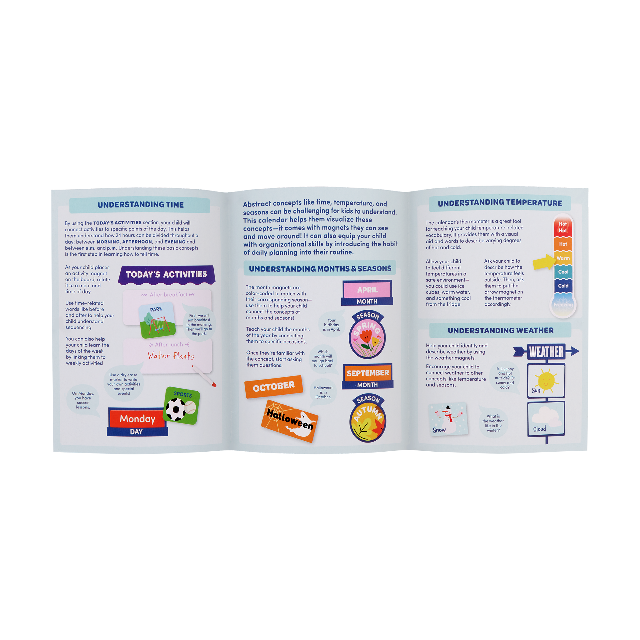 Calendar for kids with magnets, booklet, and dry-erase marker.