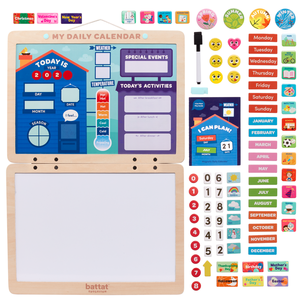 Calendar for kids with magnets, booklet, and dry-erase marker.