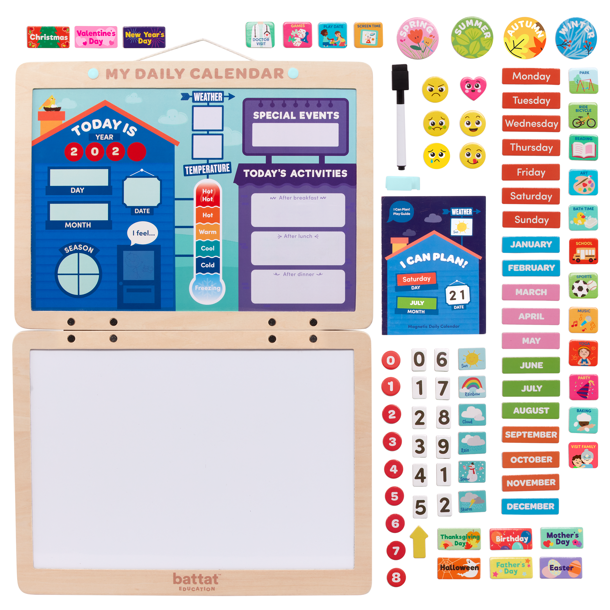 Calendar for kids with magnets, booklet, and dry-erase marker.