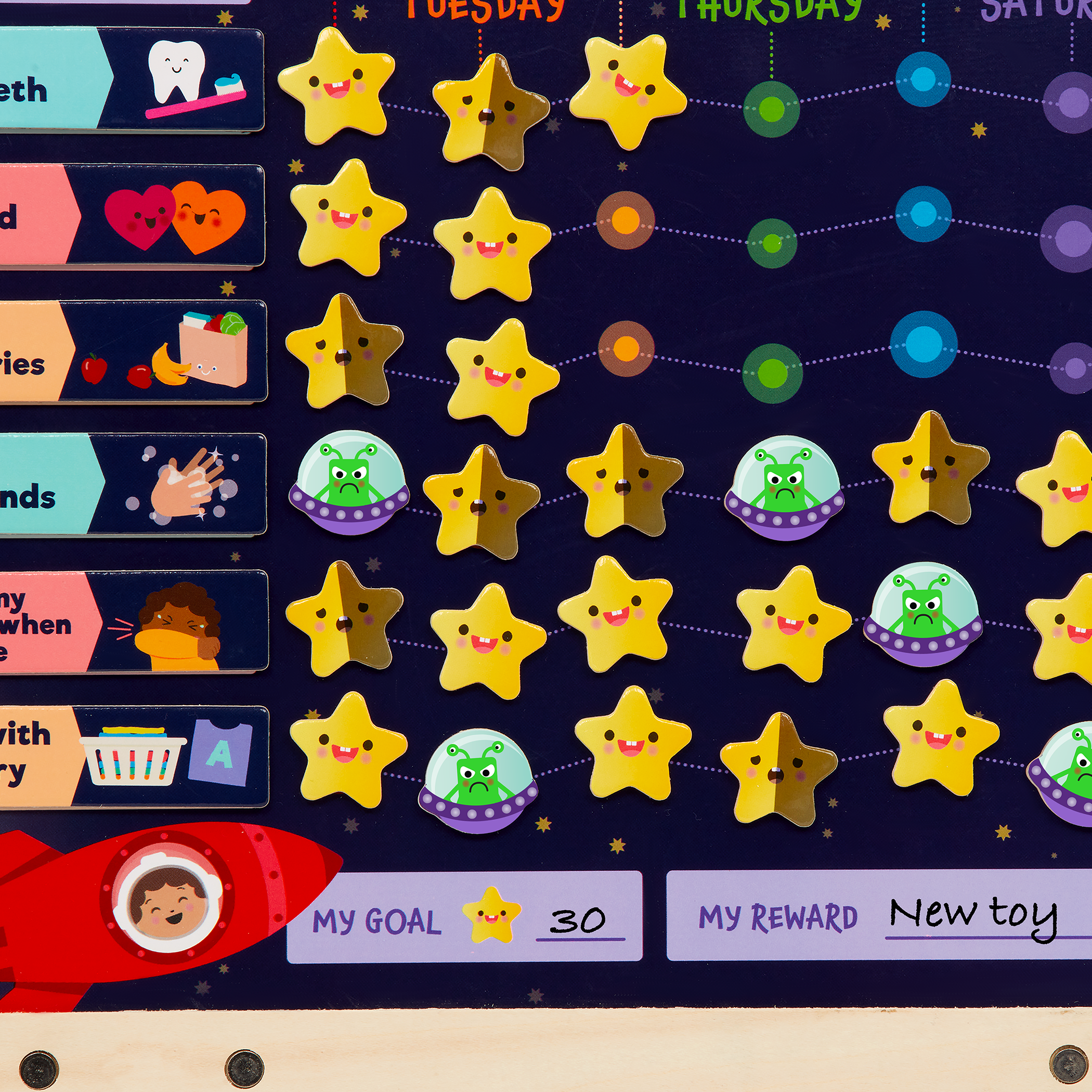 Space-themed responsibility chart with magnets, booklet, and dry-erase marker.