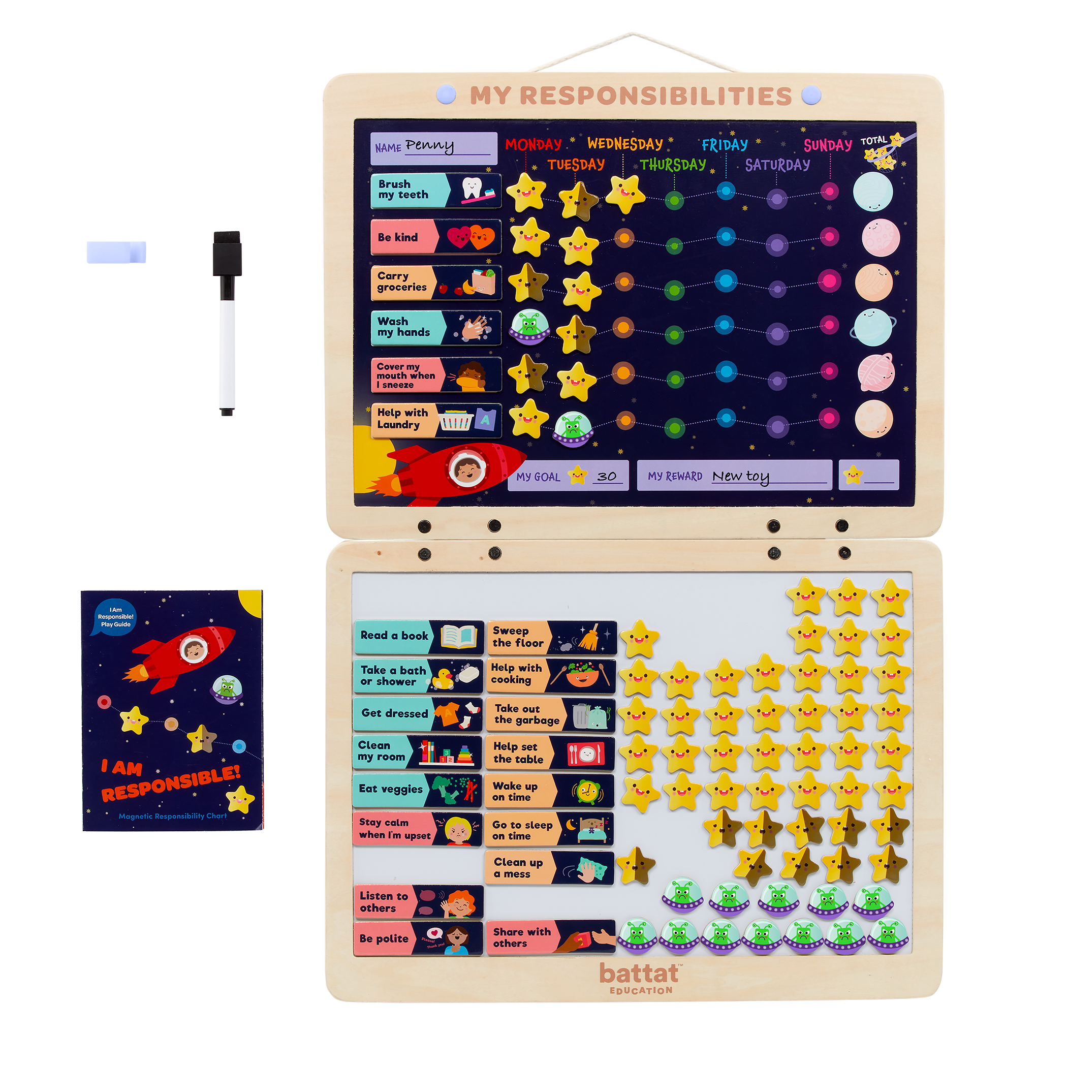 Space-themed responsibility chart with magnets, booklet, and dry-erase marker.