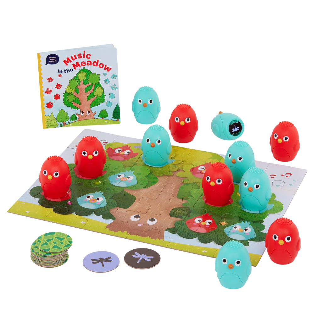 Bird sound shaker playset with booklet, tree puzzle, and matching discs.