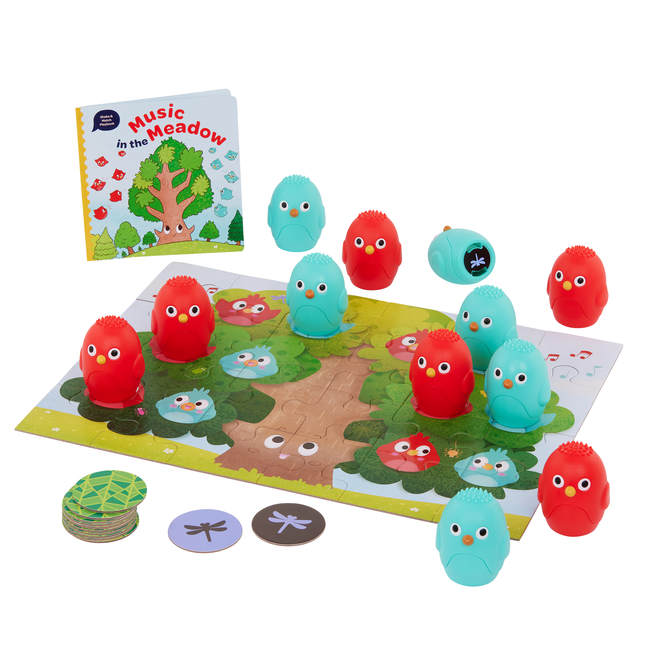 Bird sound shaker playset with booklet, tree puzzle, and matching discs.