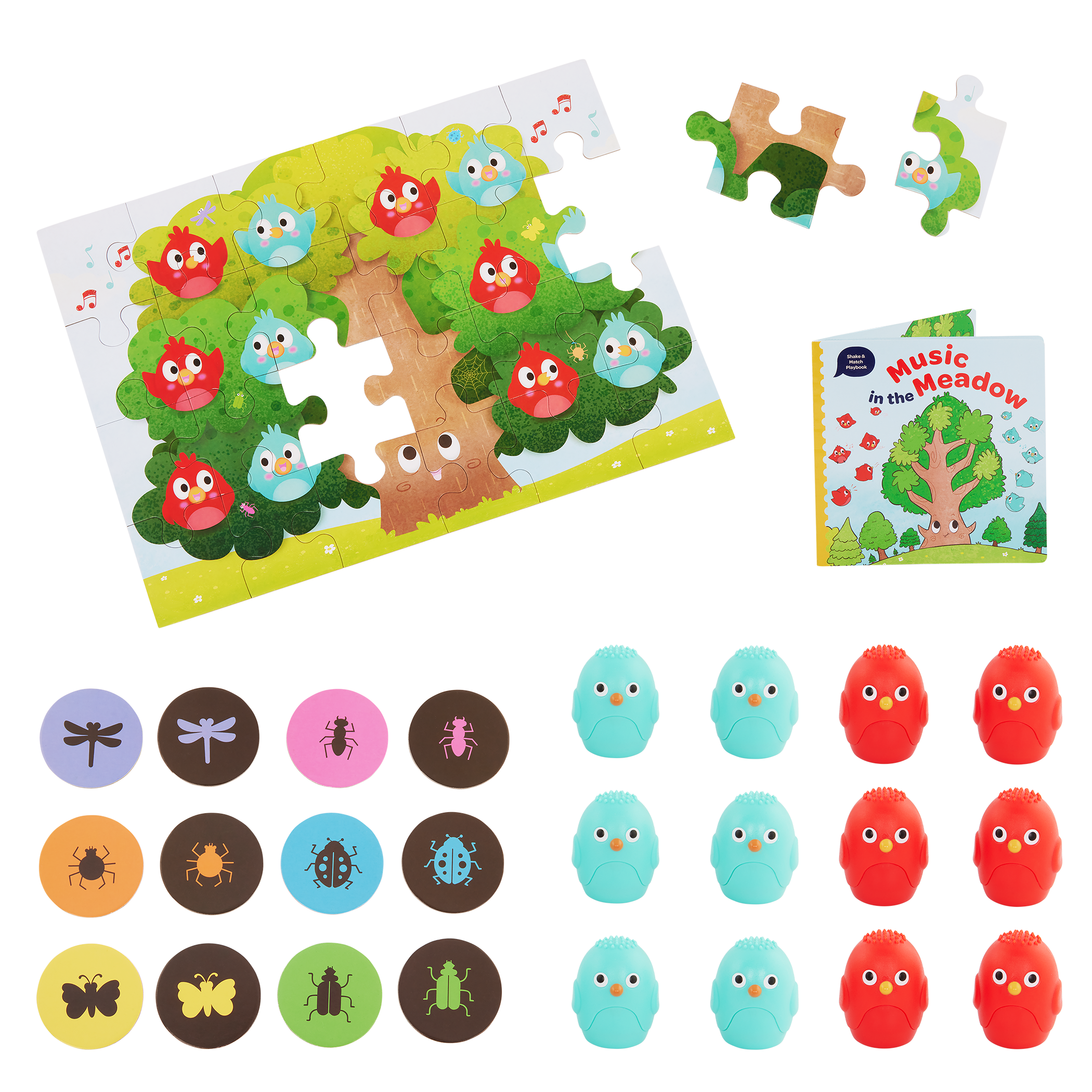 Bird sound shaker playset with booklet, tree puzzle, and matching discs.