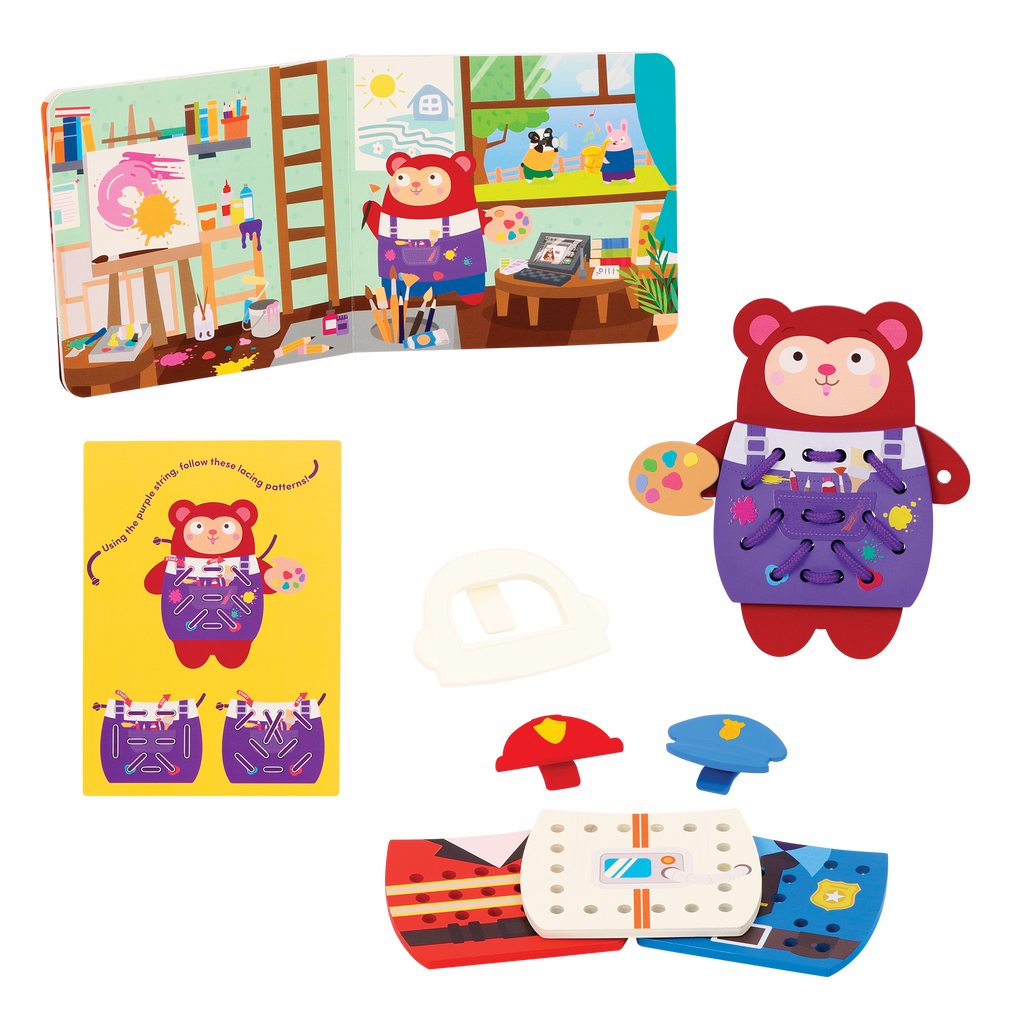 Colorful lacing animals playset with a booklet, picture book, and pattern matching cards.