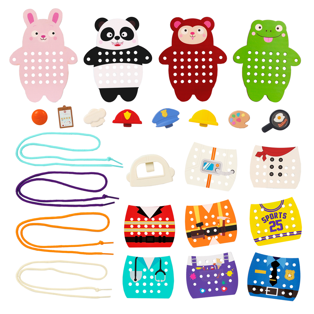 Colorful lacing animals playset with a booklet, picture book, and pattern matching cards.