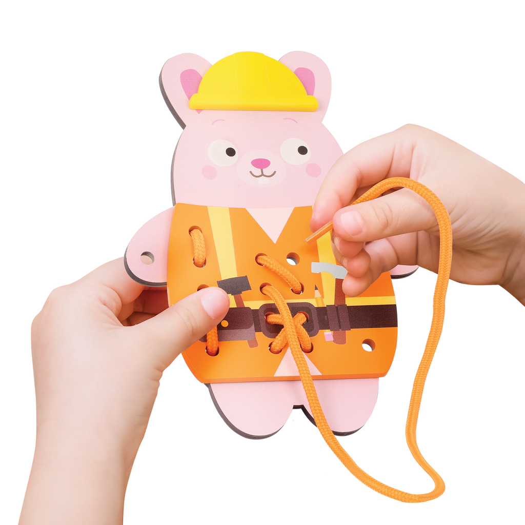 Colorful lacing animals playset with a booklet, picture book, and pattern matching cards.