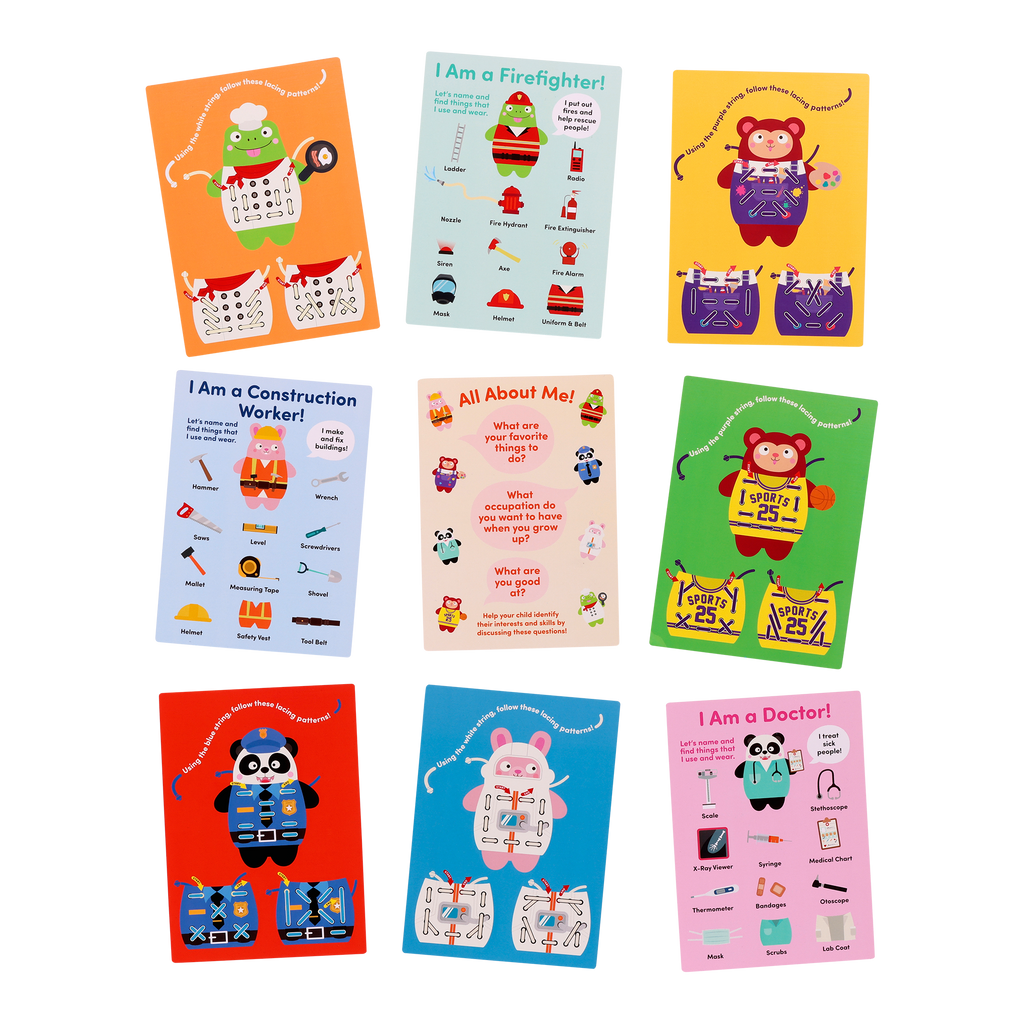 Colorful lacing animals playset with a booklet, picture book, and pattern matching cards.